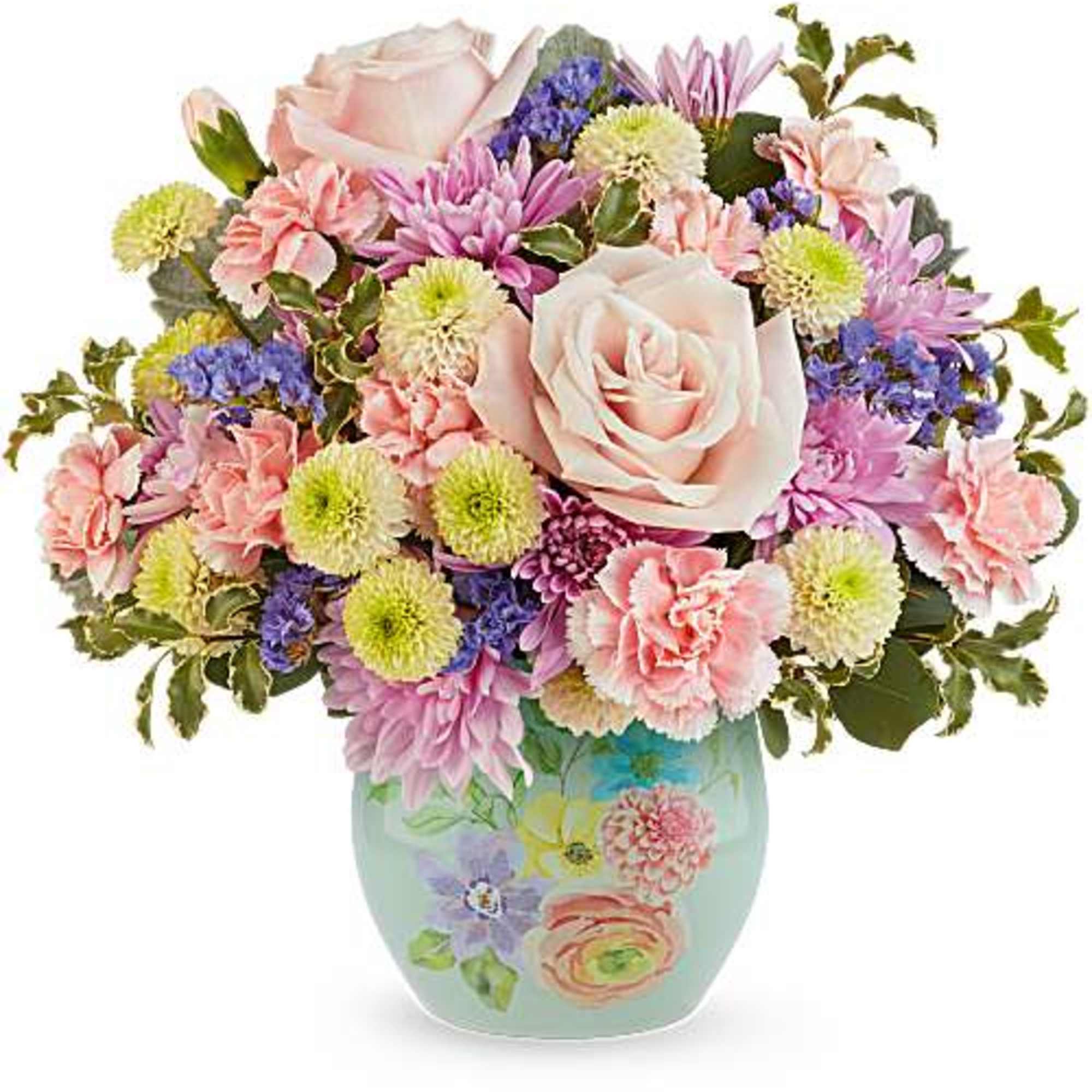Pastel mixed flower bouquet in a painted ceramic vase