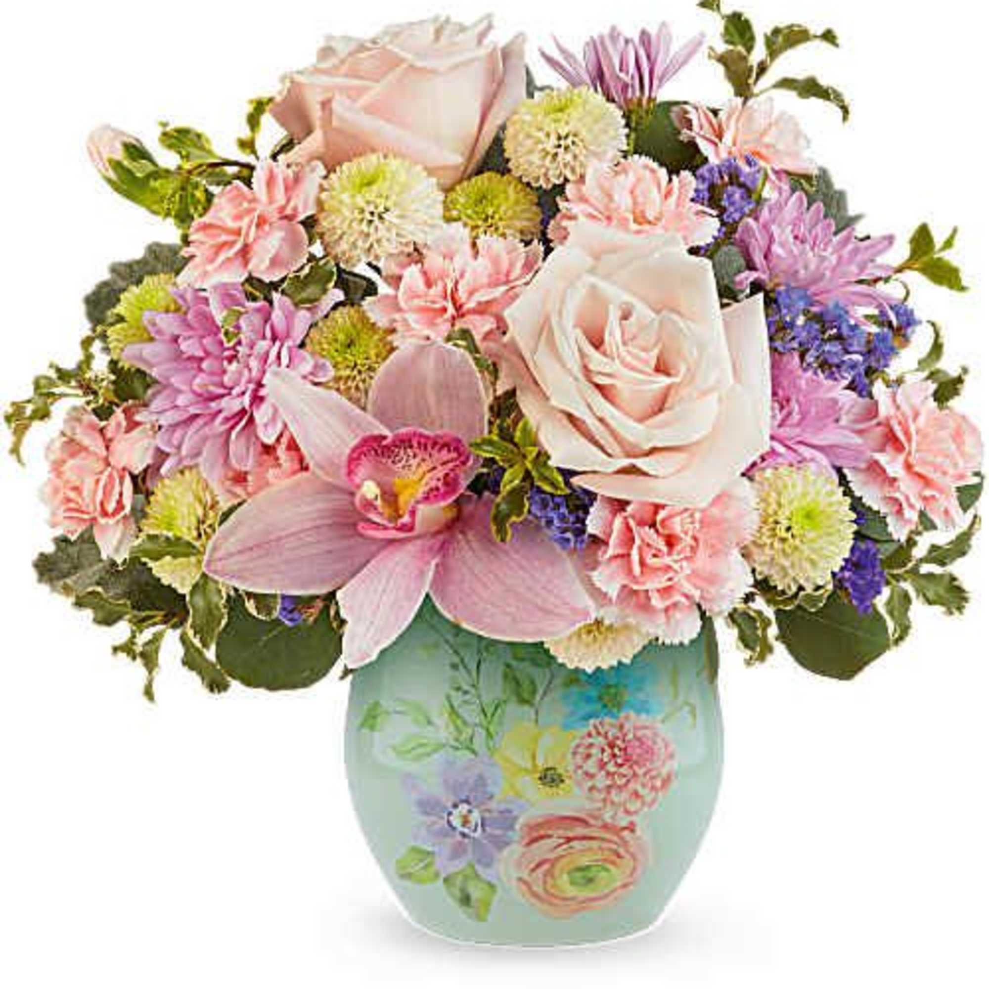 Pastel bouquet of roses, orchids, and mums in a painted vase