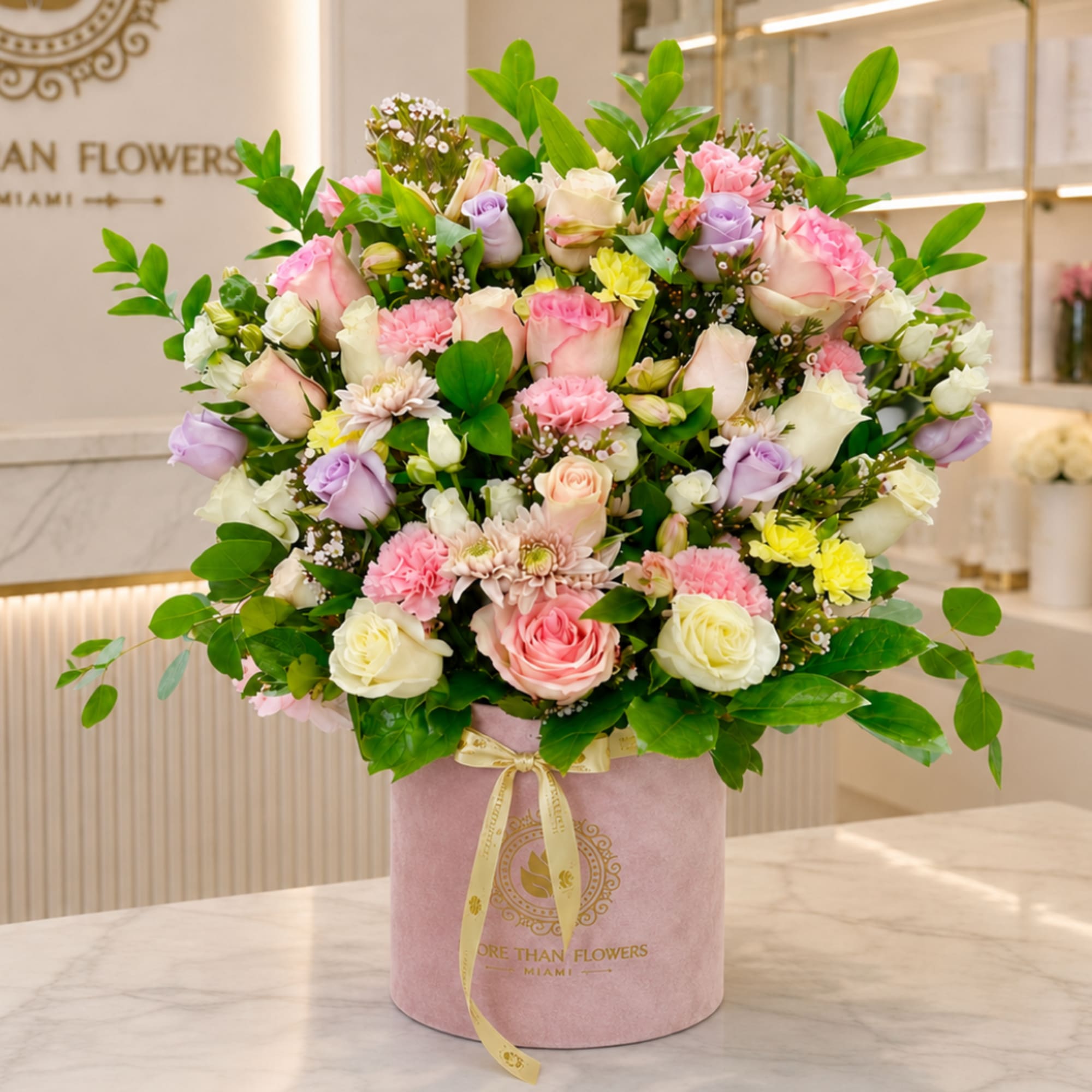 Mixed pastel roses and carnations in a pink hatbox