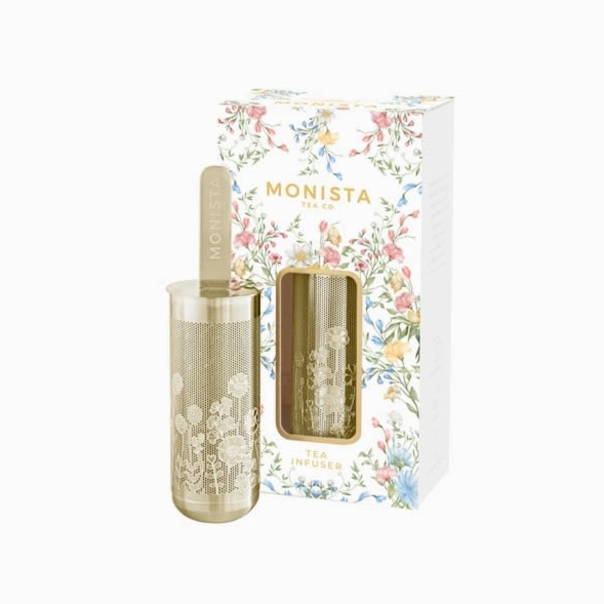 Gold tea infuser with floral-patterned packaging