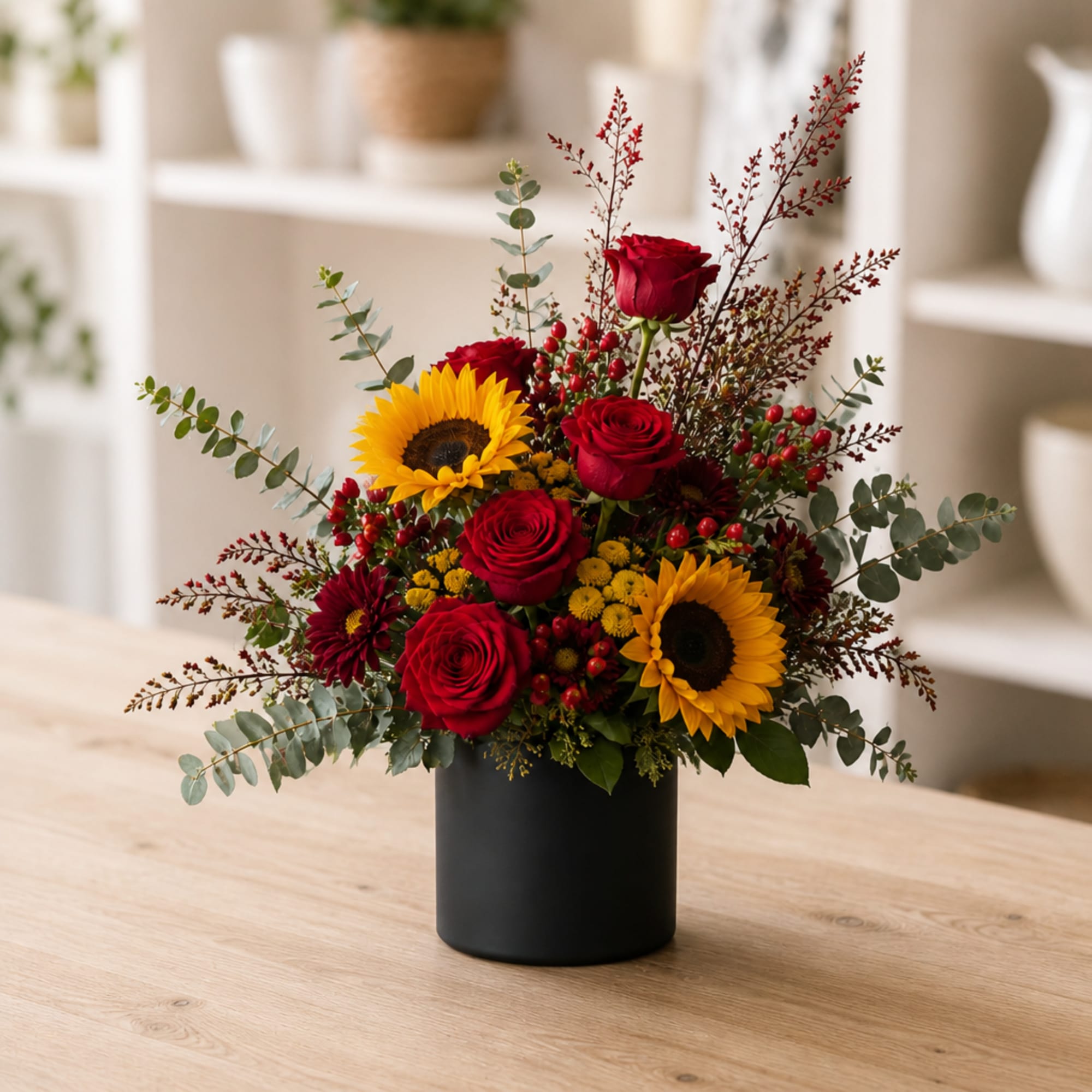 Red roses and sunflowers arranged in a black vase, photo 2 of 2