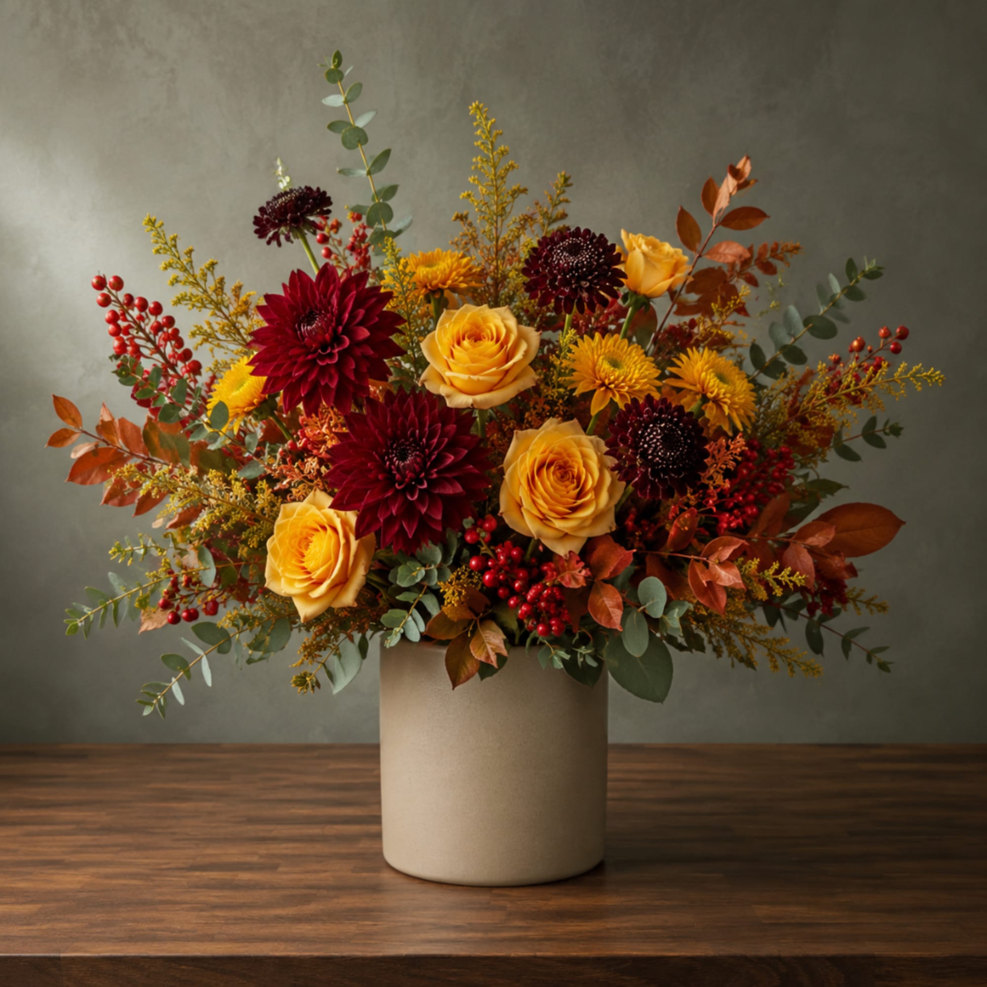 Bouquet of yellow roses and burgundy dahlias in a beige vase
