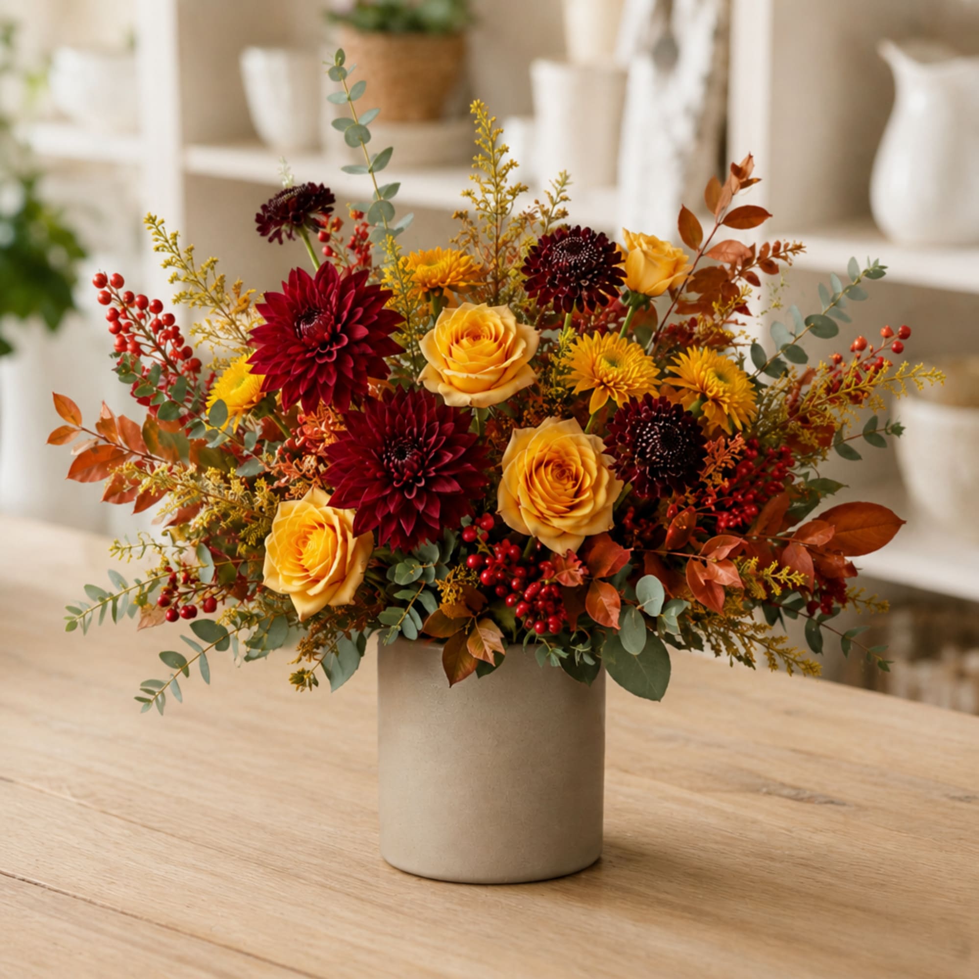 Bouquet of yellow roses and burgundy dahlias in a beige vase, photo 2 of 2