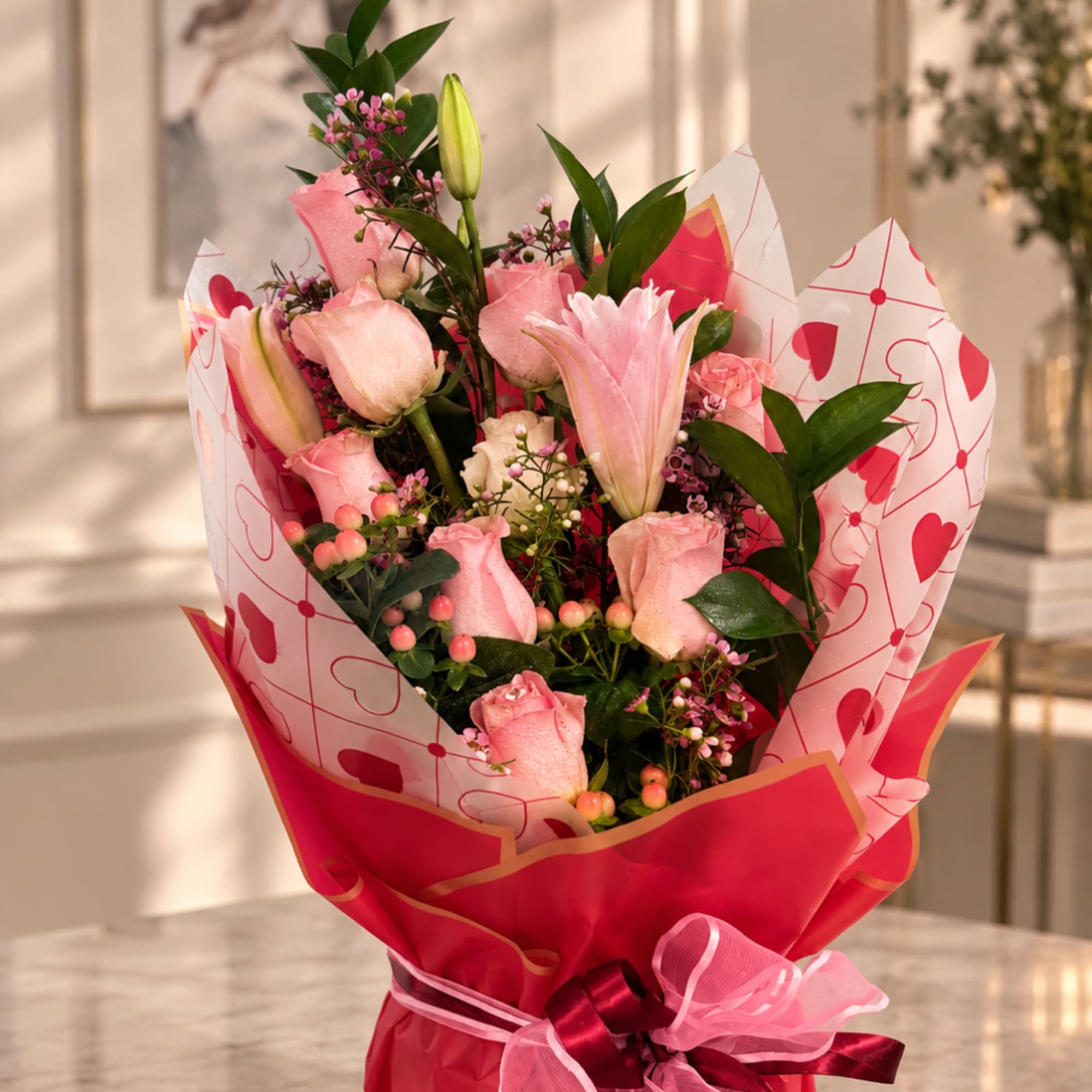 Pink roses and lilies in heart-patterned wrapping with a ribbon