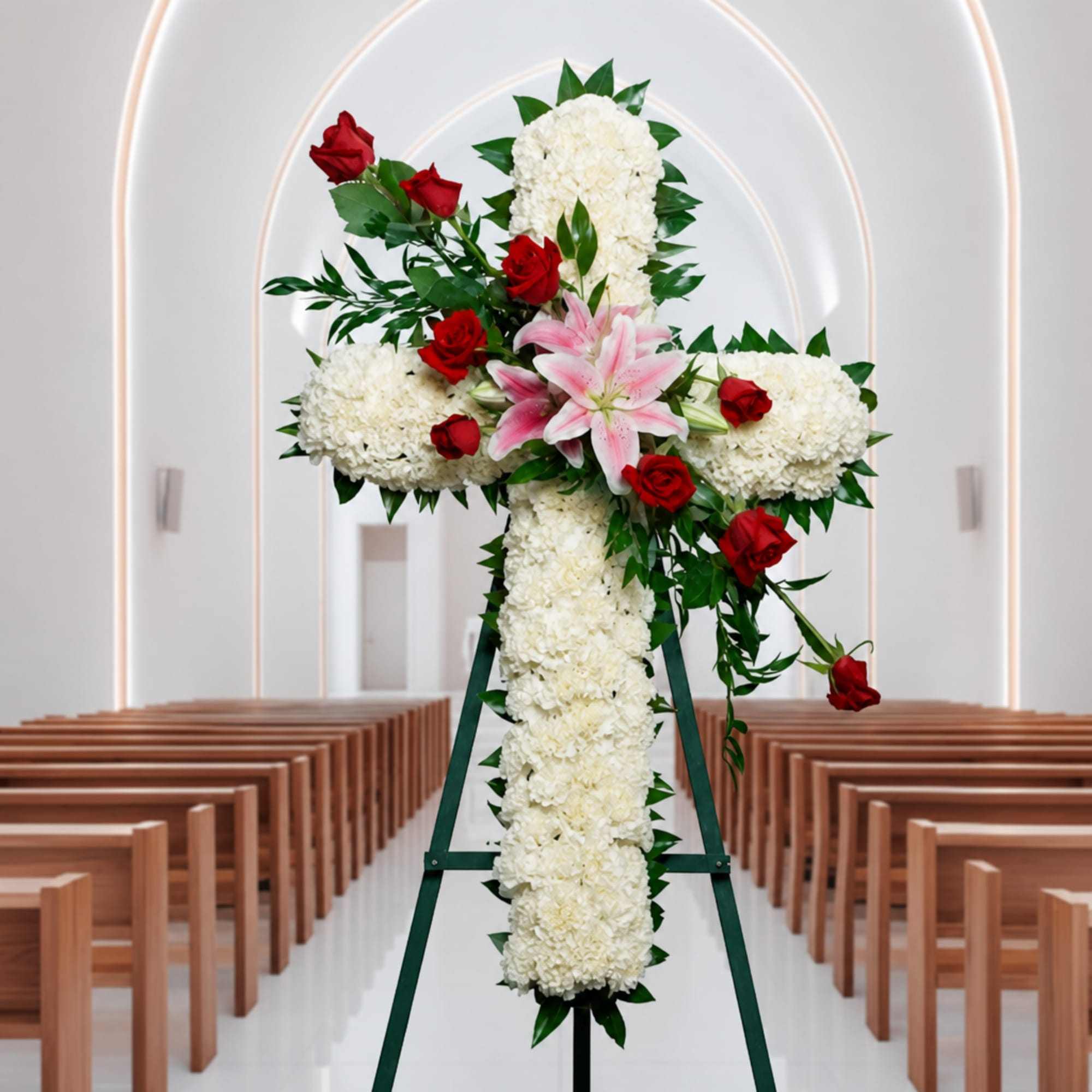 White floral cross with red roses and pink lilies on an easel in a church aisle