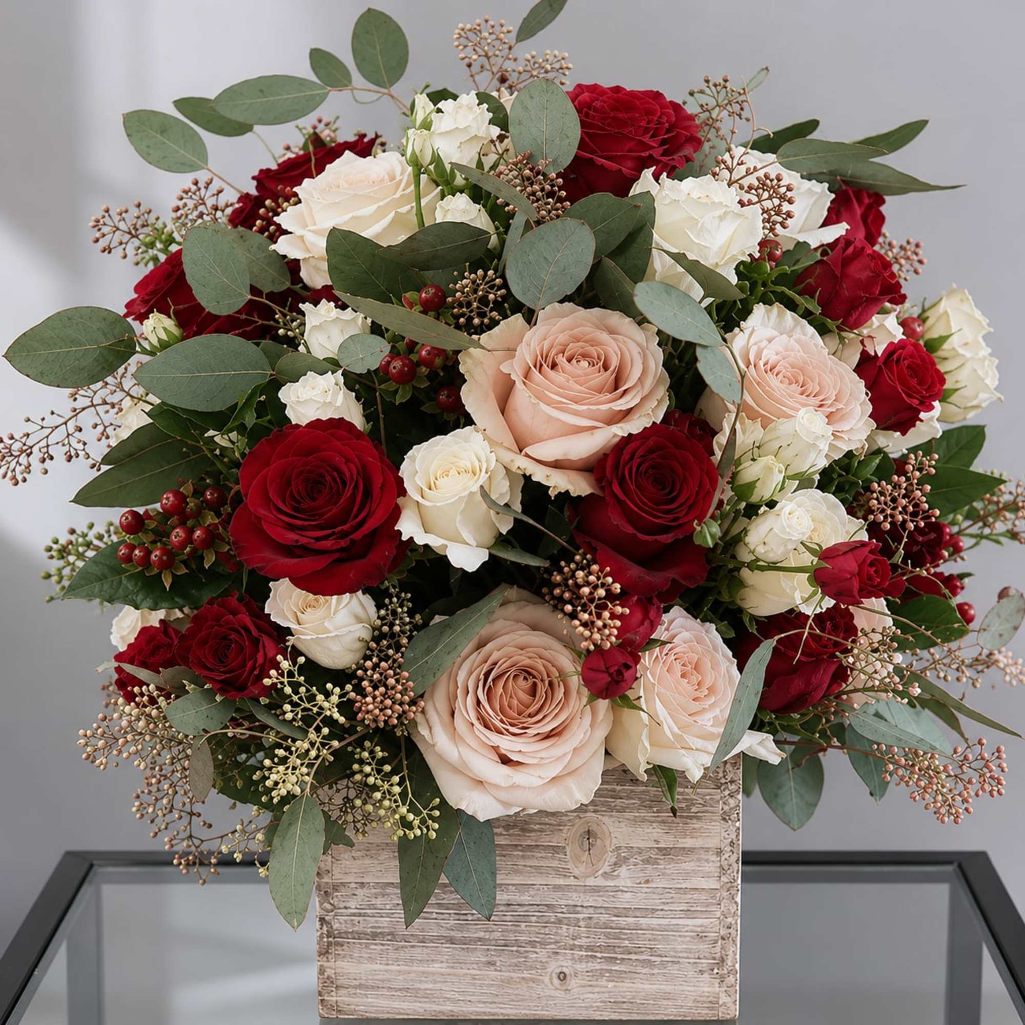 A timeless arrangement of premium roses in deep red, soft blush, and, photo 2 of 2