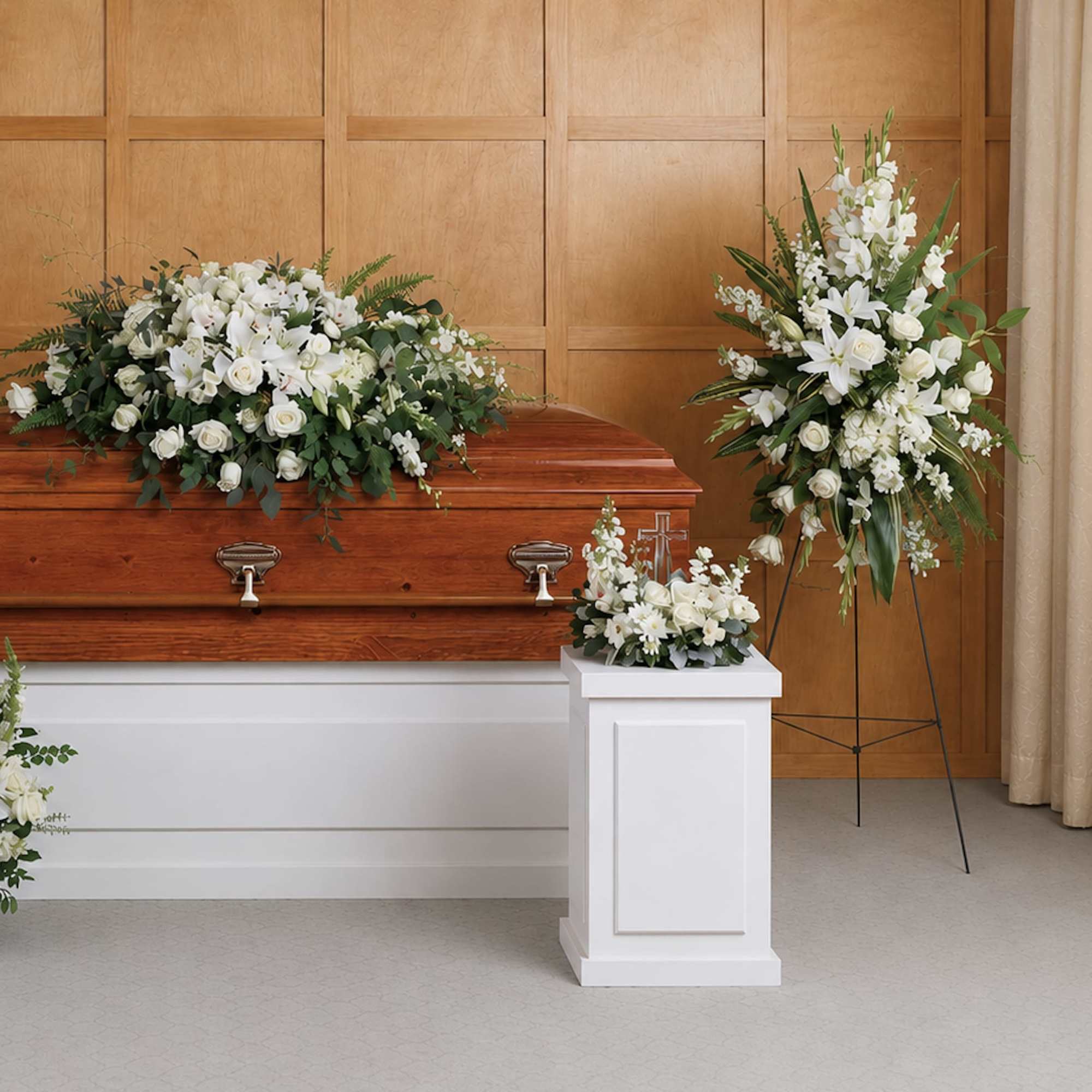 This glorious collection of six hand-made sympathy pieces features pure white roses, photo 2 of 3