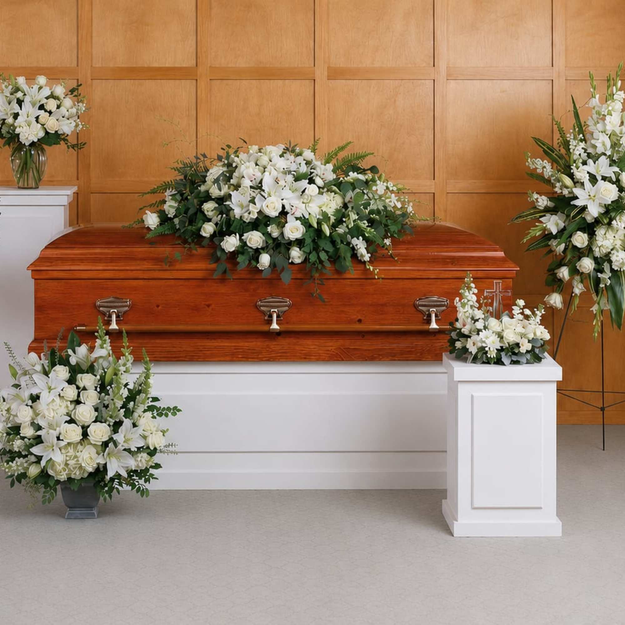 This glorious collection of six hand-made sympathy pieces features pure white roses, photo 3 of 3