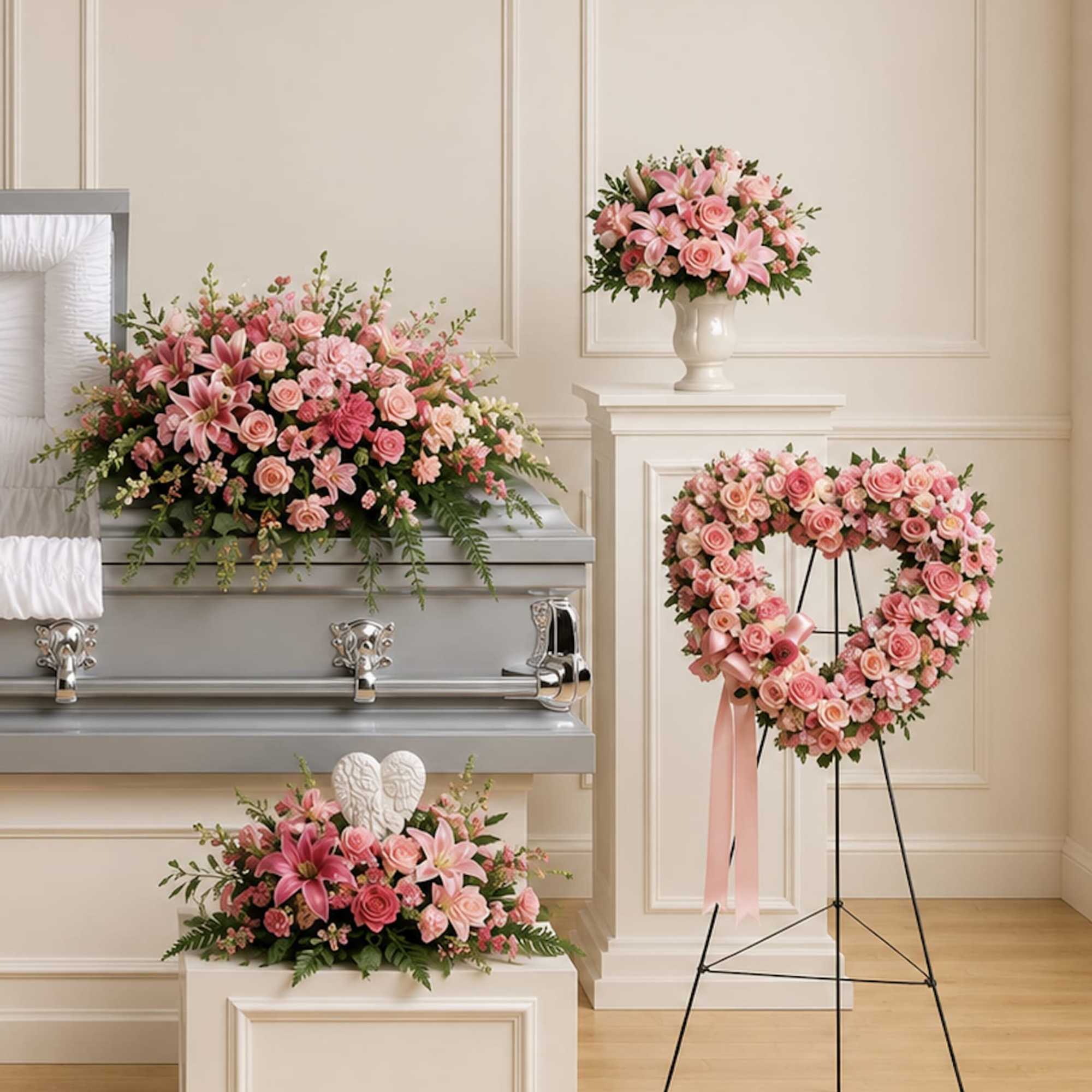 Soft and serene, this glorious collection of seven hand-made sympathy pieces celebrate, photo 2 of 3