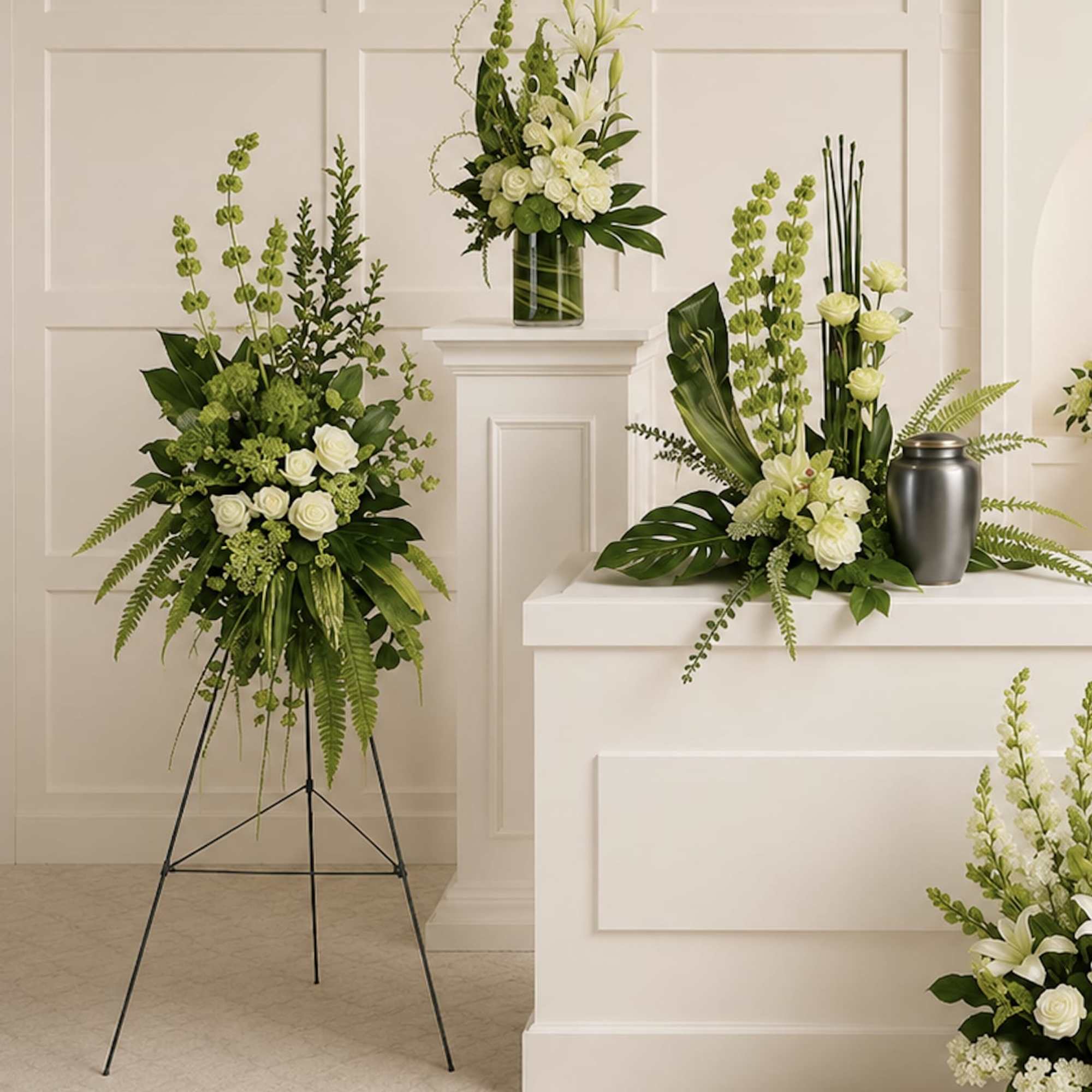Calming white blooms and unique, sculptural greens give this collection of six