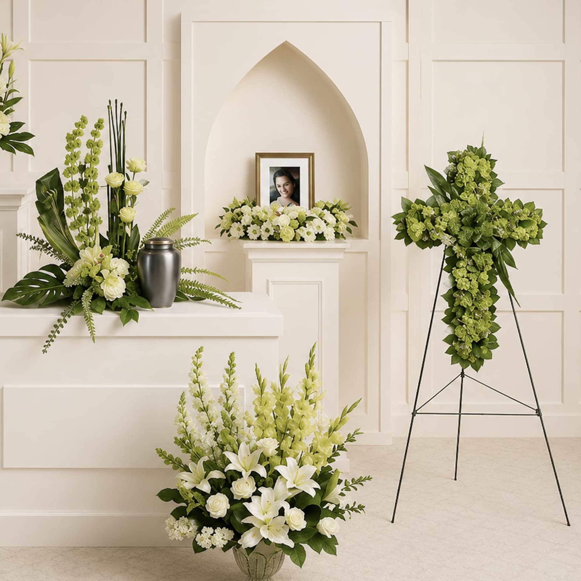 Calming white blooms and unique, sculptural greens give this collection of six, photo 2 of 3