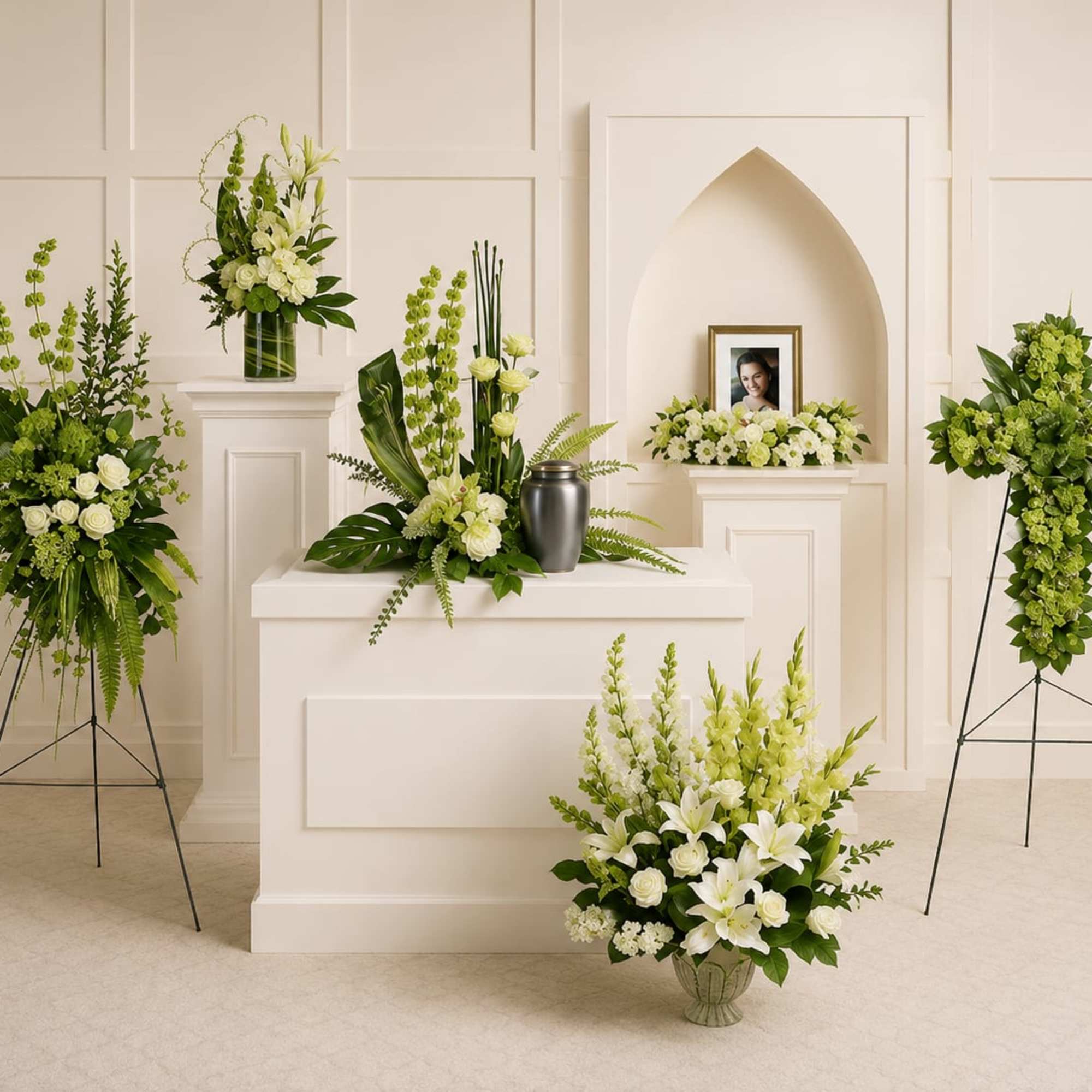 Calming white blooms and unique, sculptural greens give this collection of six, photo 3 of 3