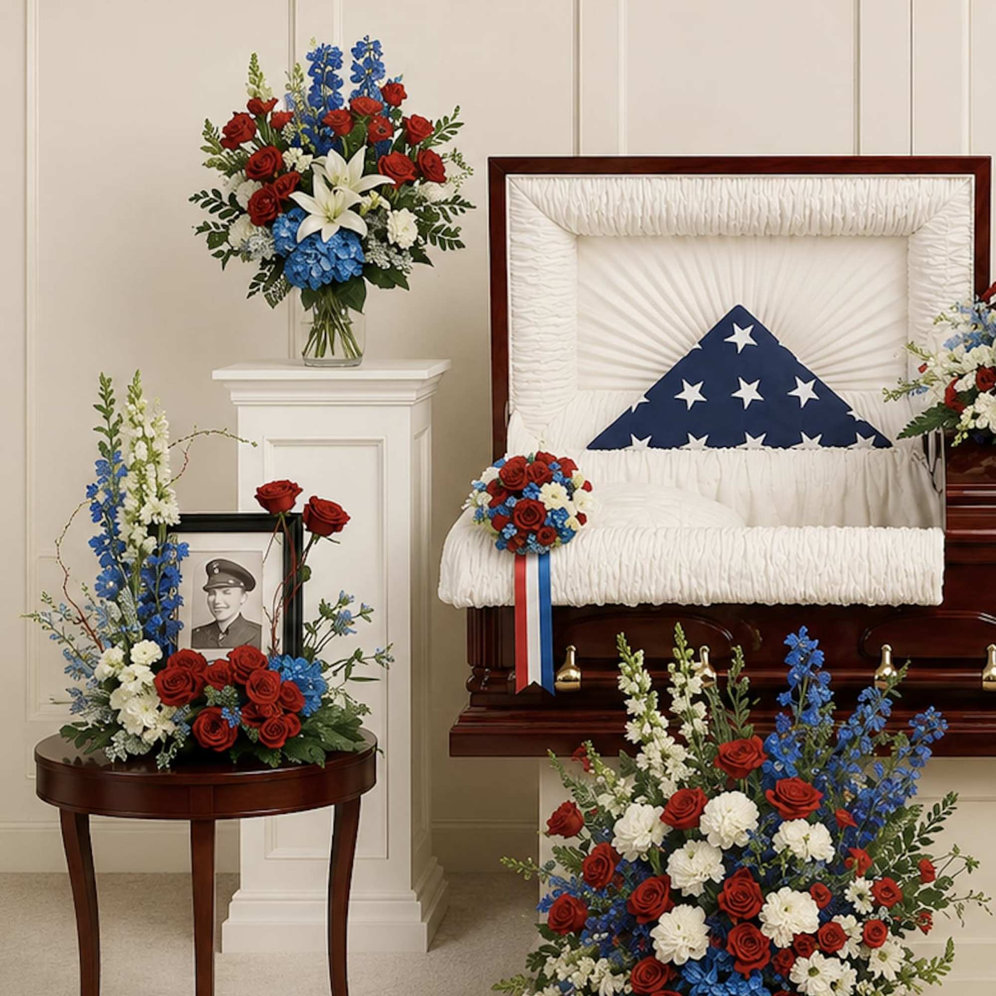 Proud and patriotic, this collection of seven hand-made sympathy pieces honors a
