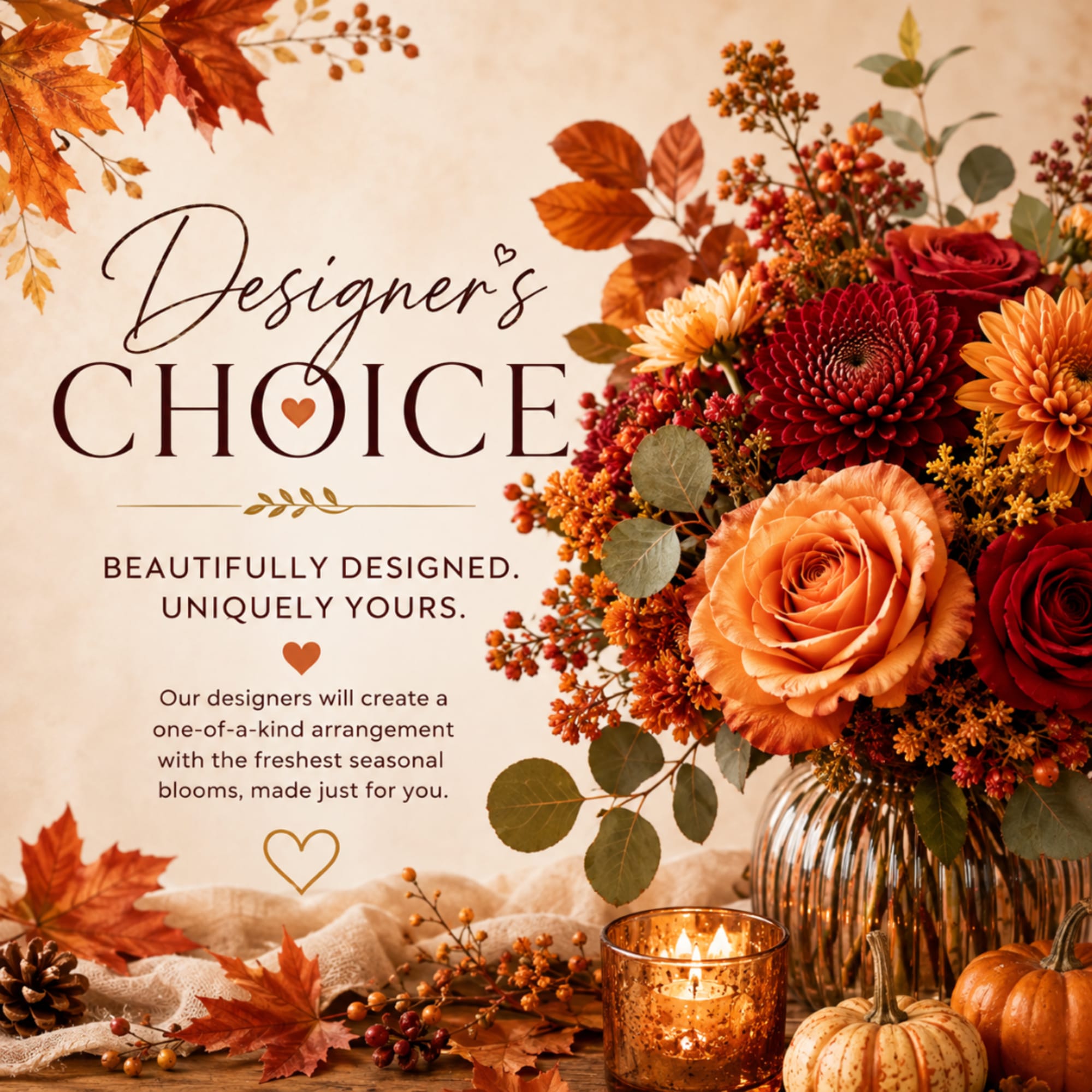 Autumn floral arrangement in a ribbed glass vase with a lit candle and pumpkins