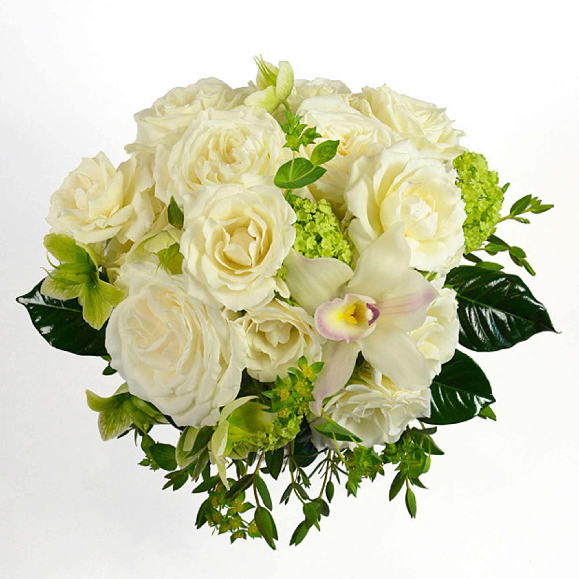 White rose bouquet with a pale orchid and green accents