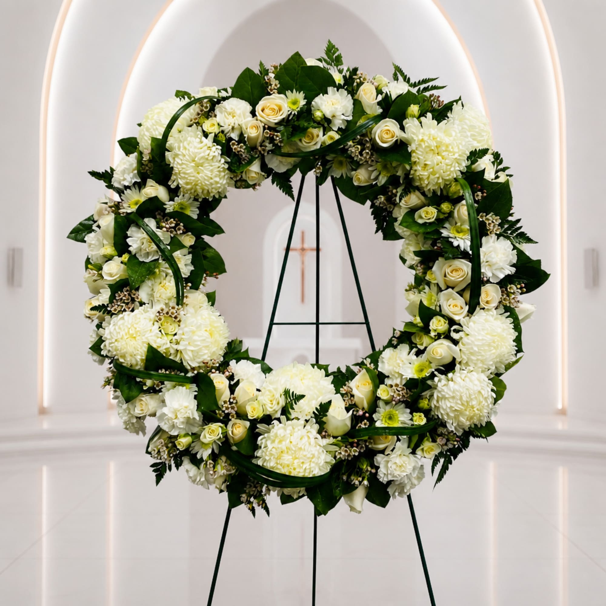 White floral wreath on a stand in a church interior