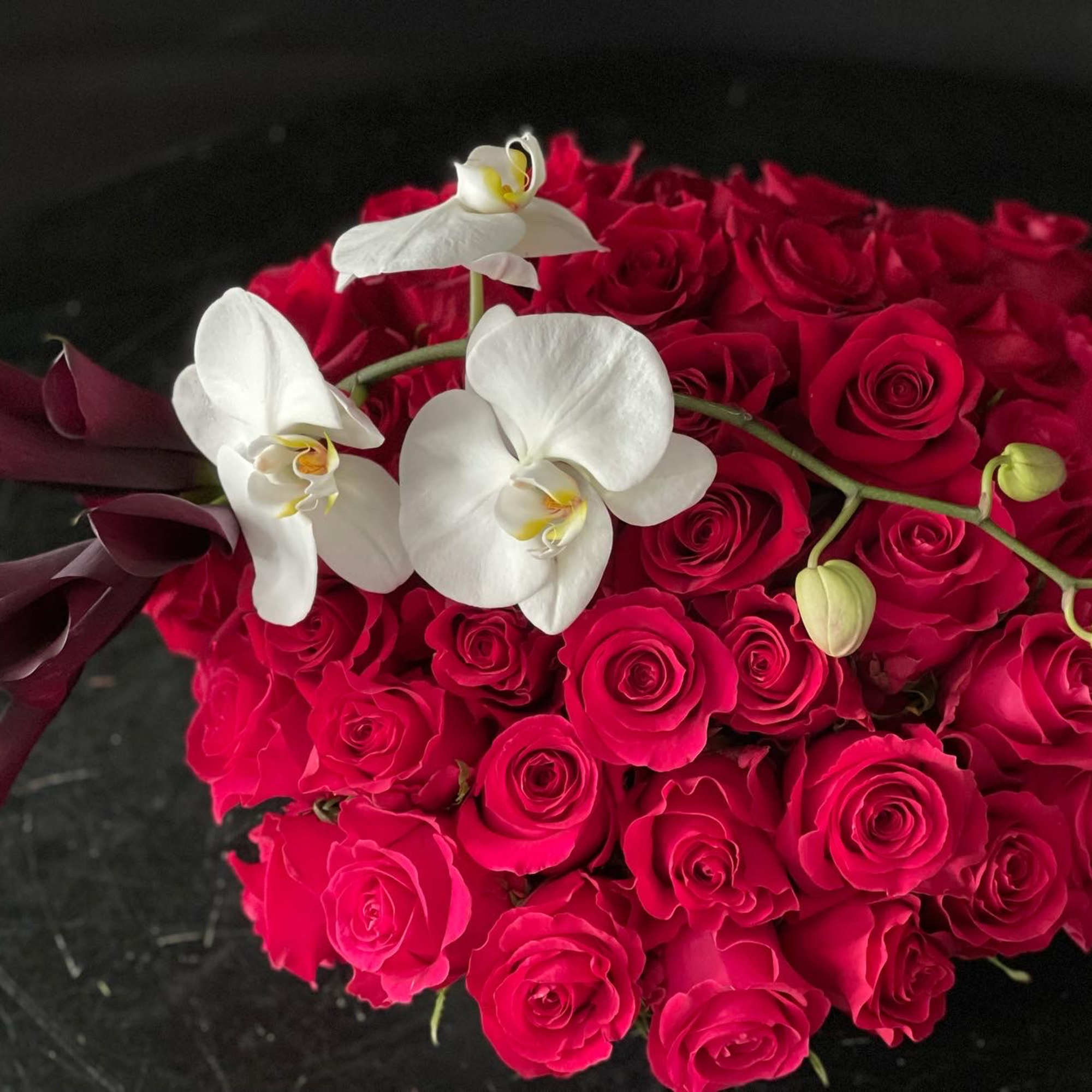 Red rose bouquet with white orchids and dark calla lilies