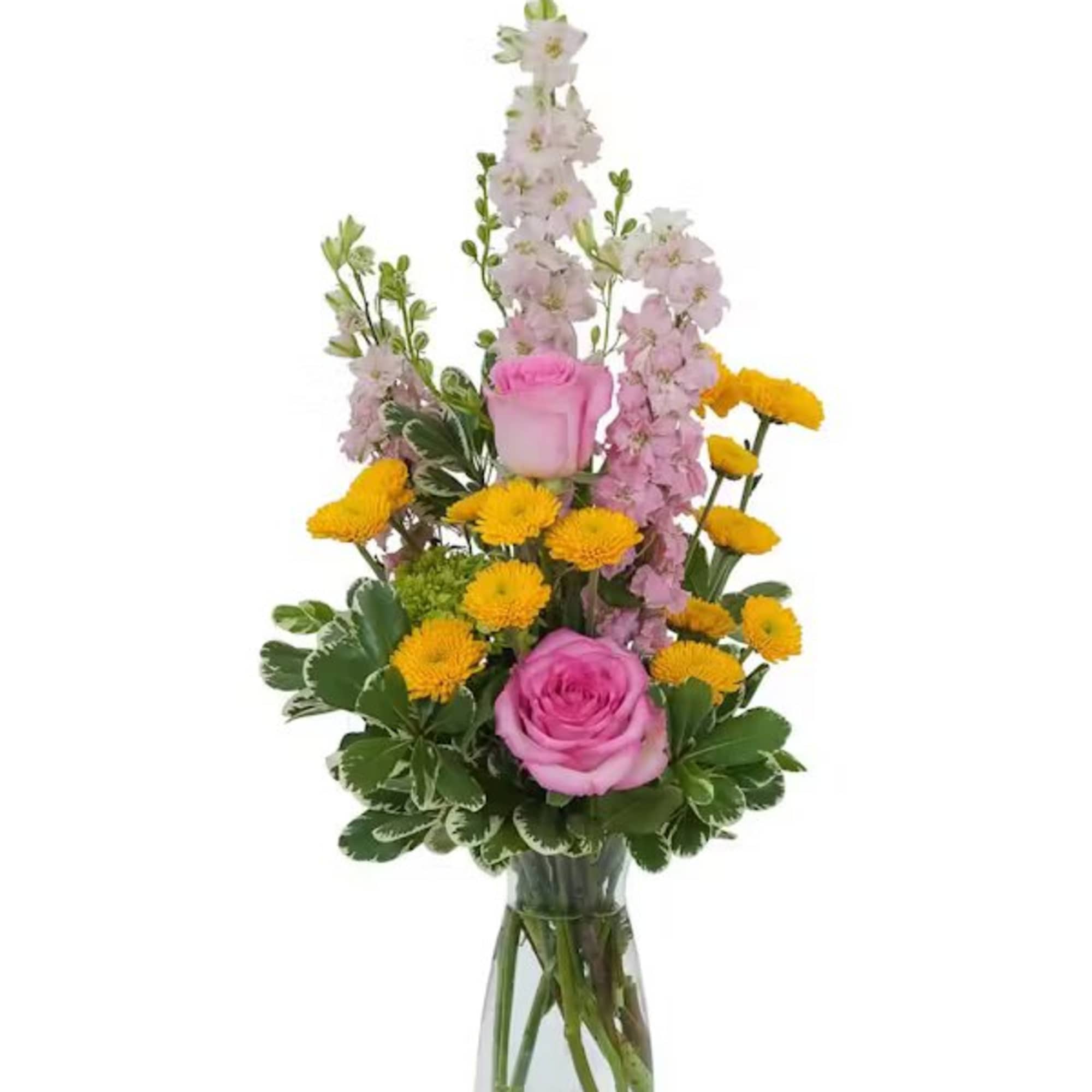 Pink roses and yellow pompon flowers in a clear glass vase