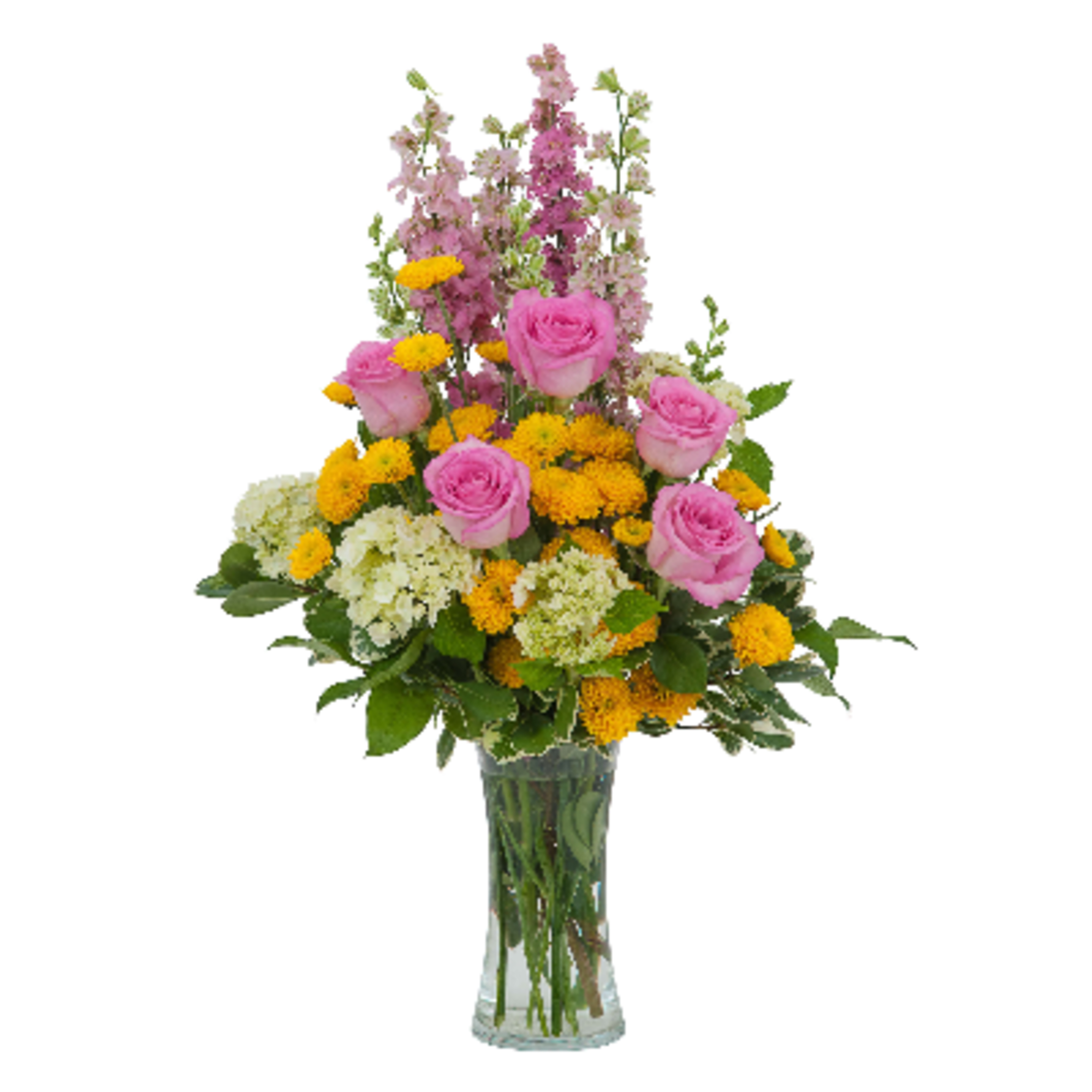 Pink roses and yellow flowers arranged in a clear glass vase