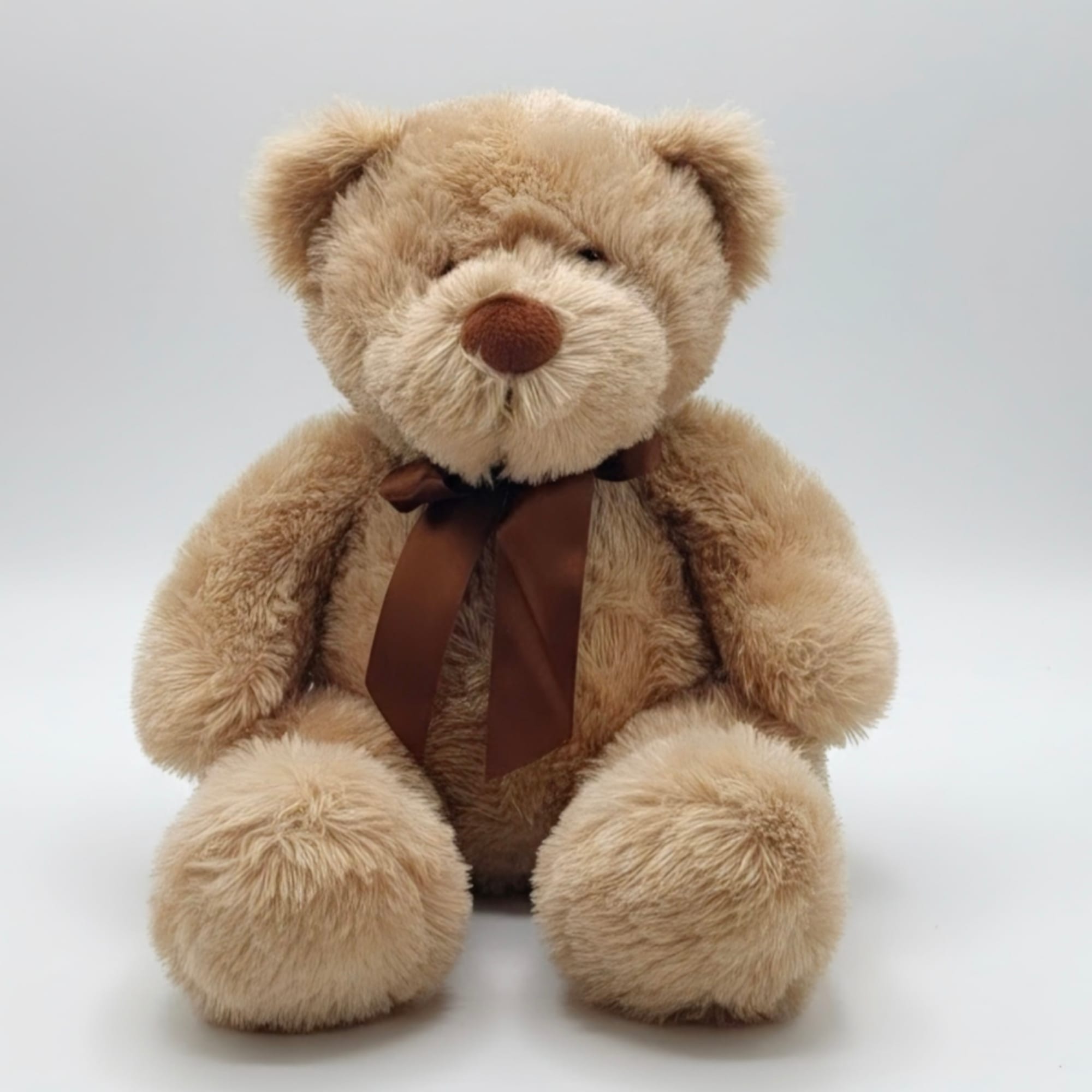 Plush teddy bear with a brown ribbon bow on a plain background