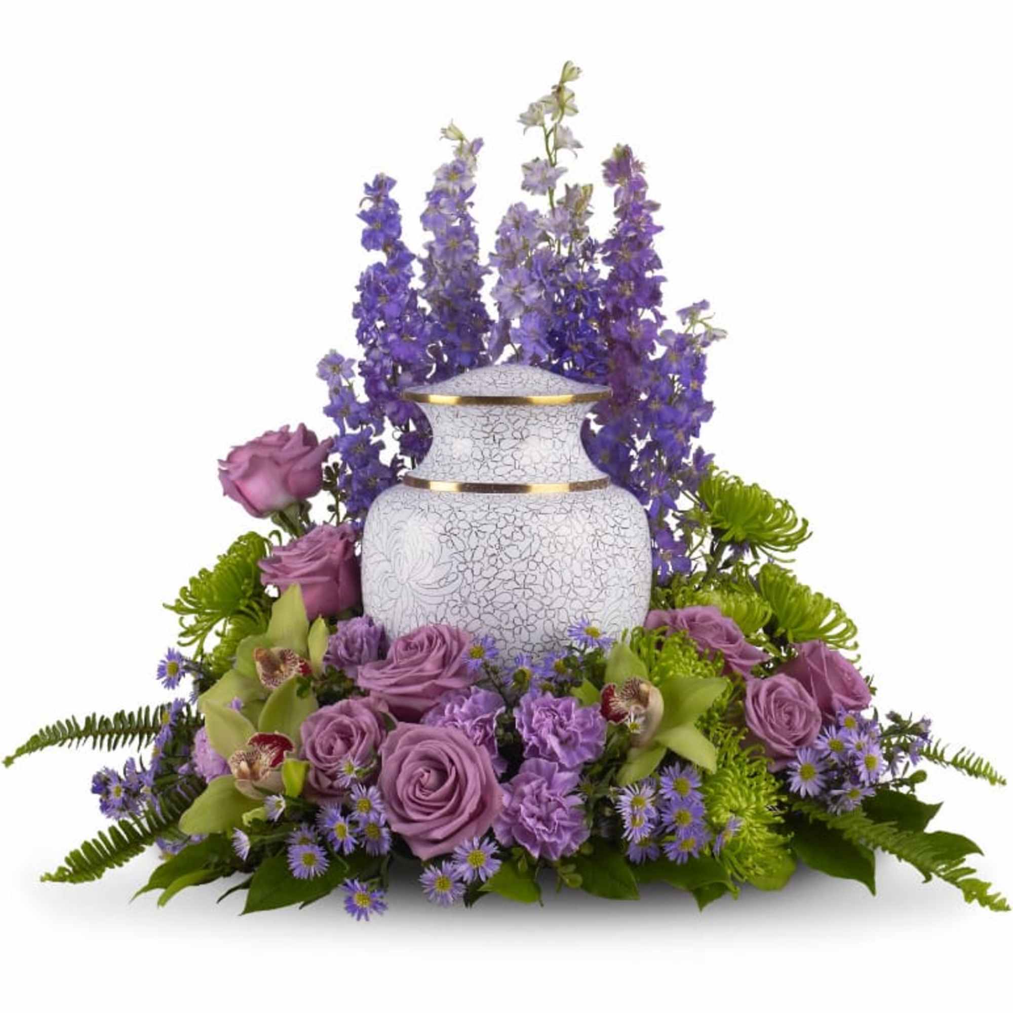 Soft lavender and green blooms to surround the urn, like a peaceful, photo 2 of 3
