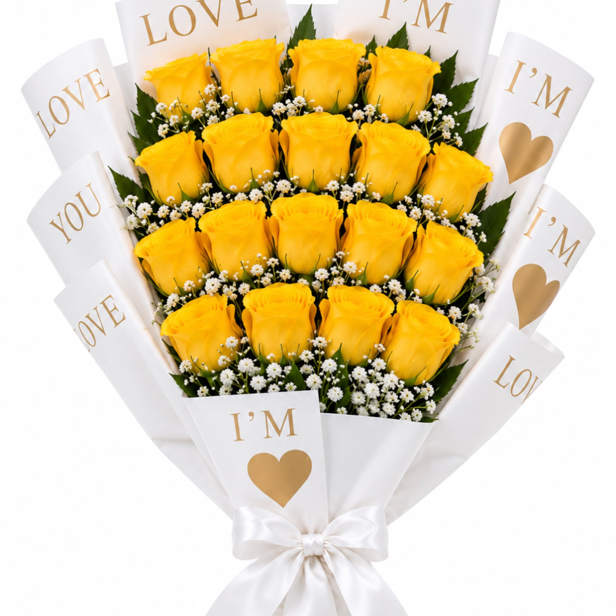 Bouquet of yellow roses with white filler flowers in white wrap