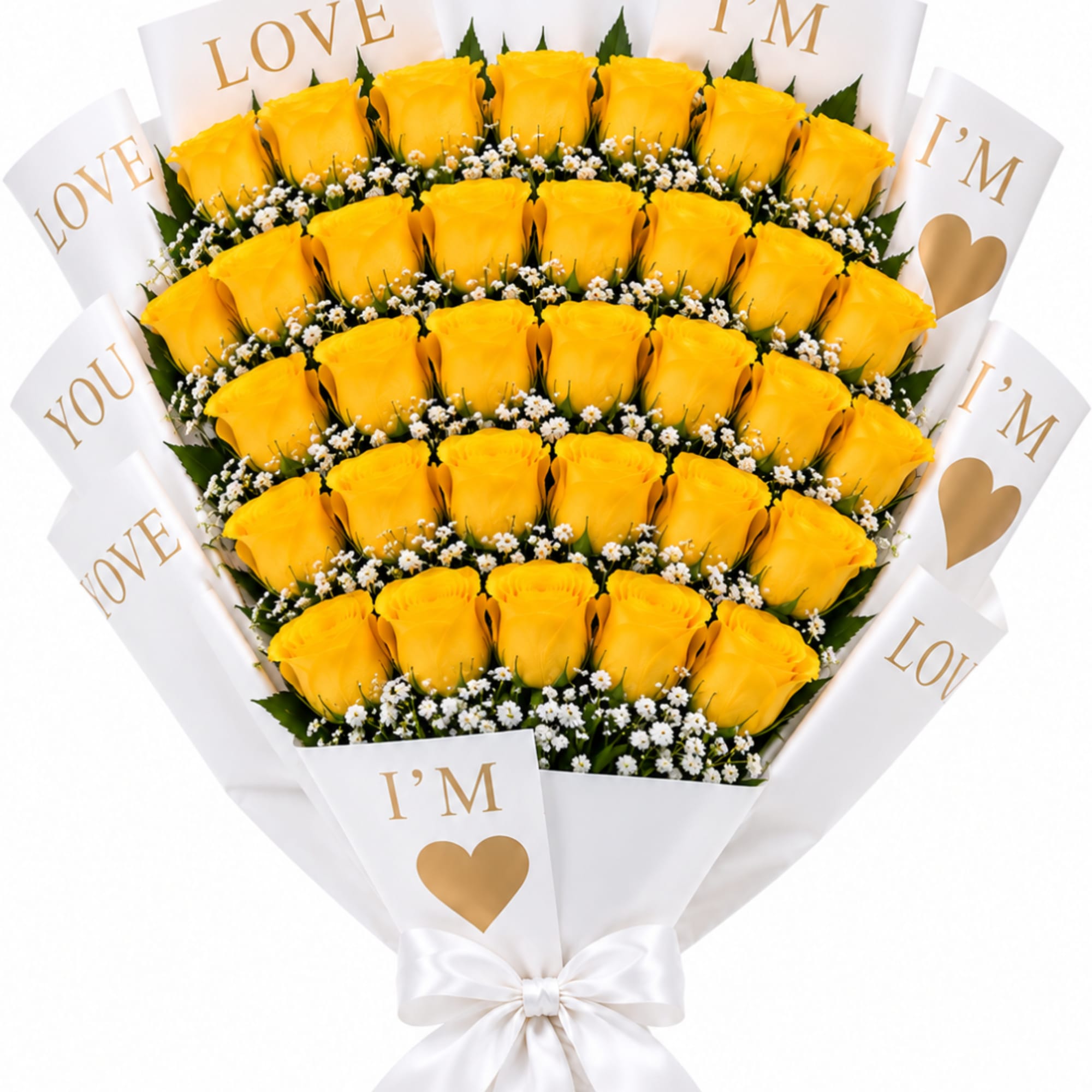 Bouquet of yellow roses with white filler flowers wrapped in white paper