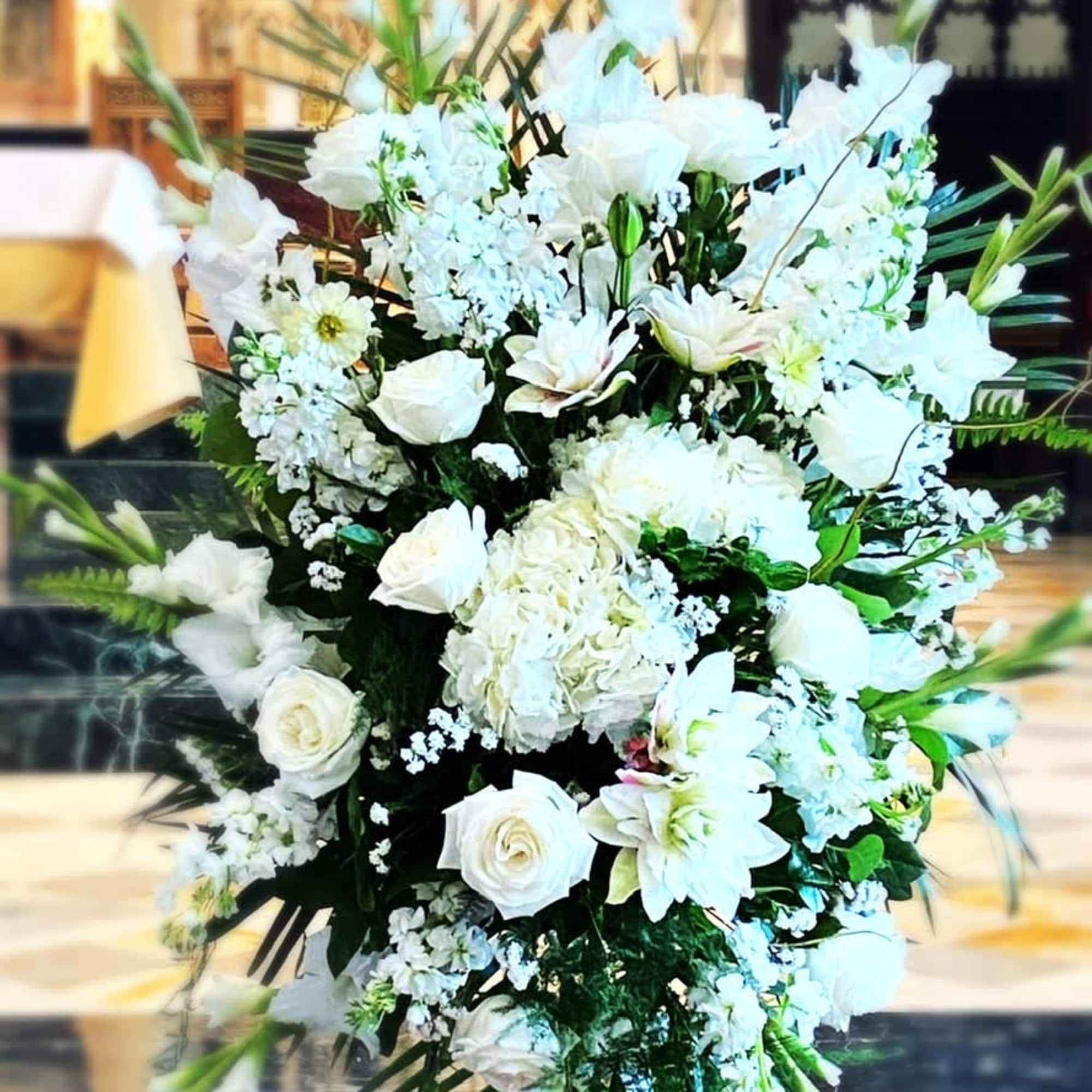 White Bliss Standing funeral spray is a beautiful crisp white elegant funeral, photo 2 of 2
