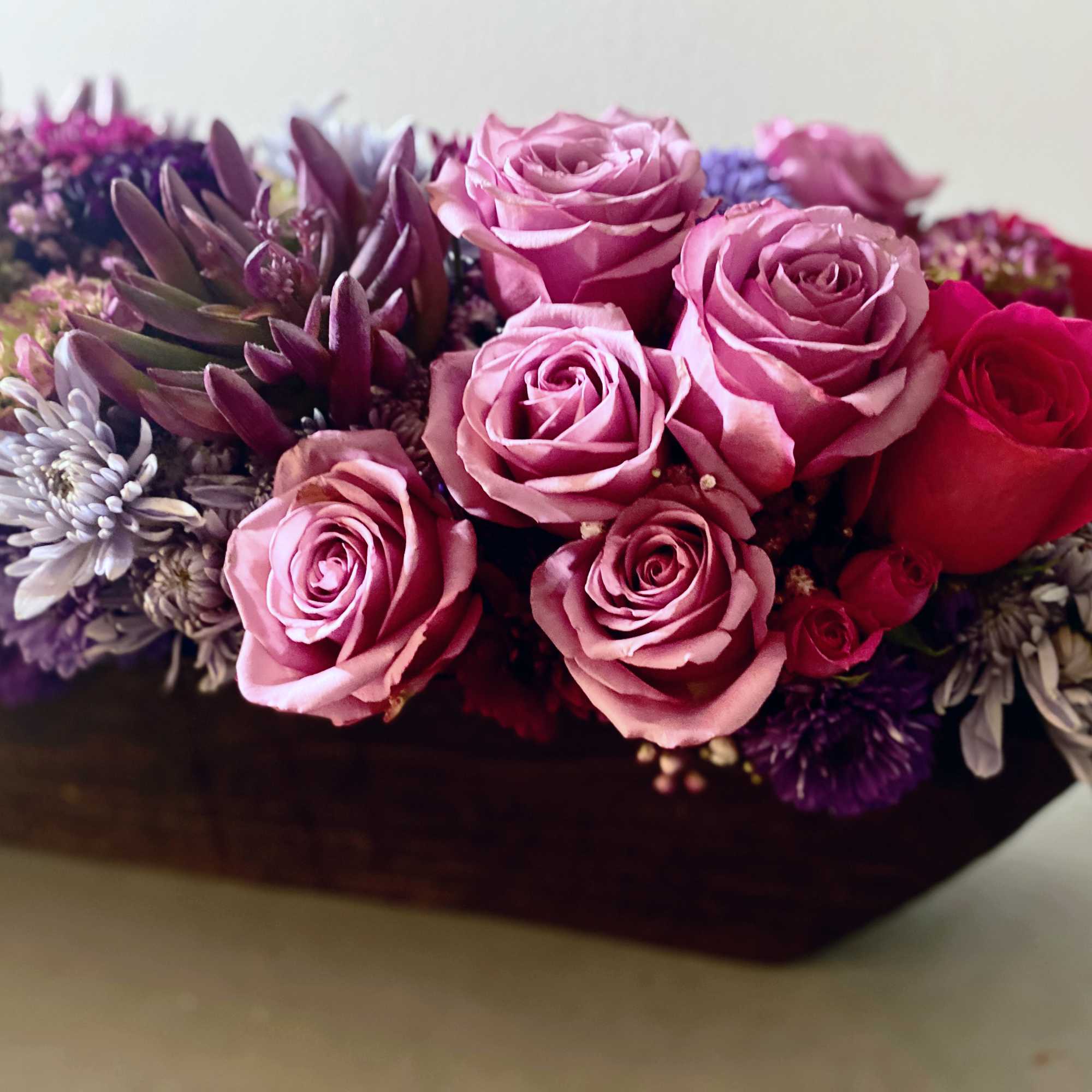 Wood and blooms floral arrangement is a decadent heartfelt design with roses, photo 2 of 2