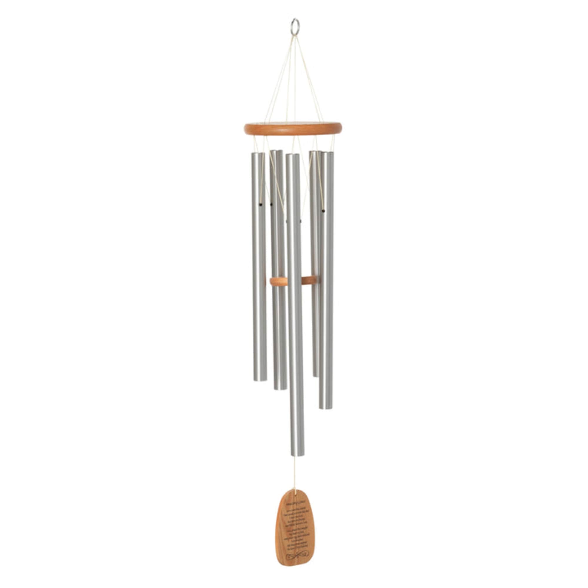 Silver wind chime with a wooden top and hanging tag