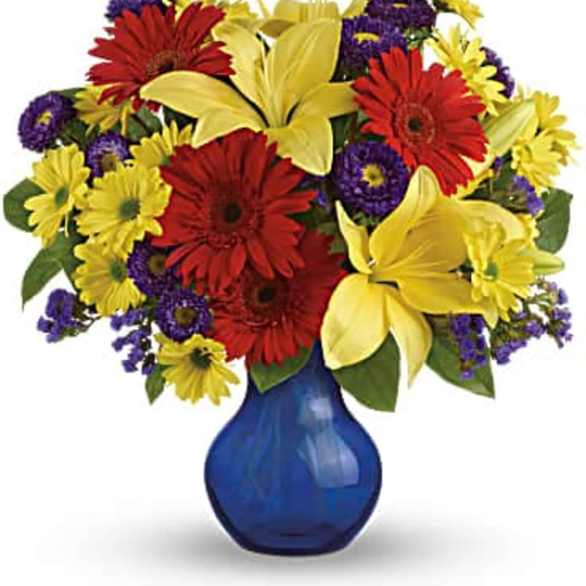 Bouquet of red, yellow, and purple flowers in a blue vase