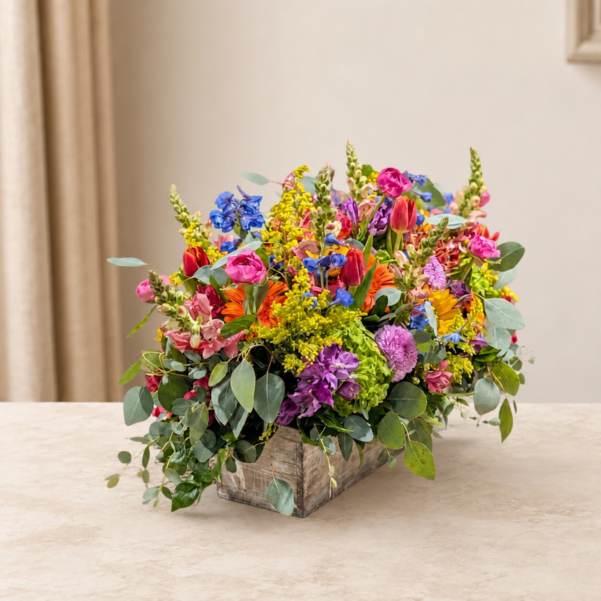 Colorful mixed flower arrangement in a rectangular wooden box, photo 2 of 3
