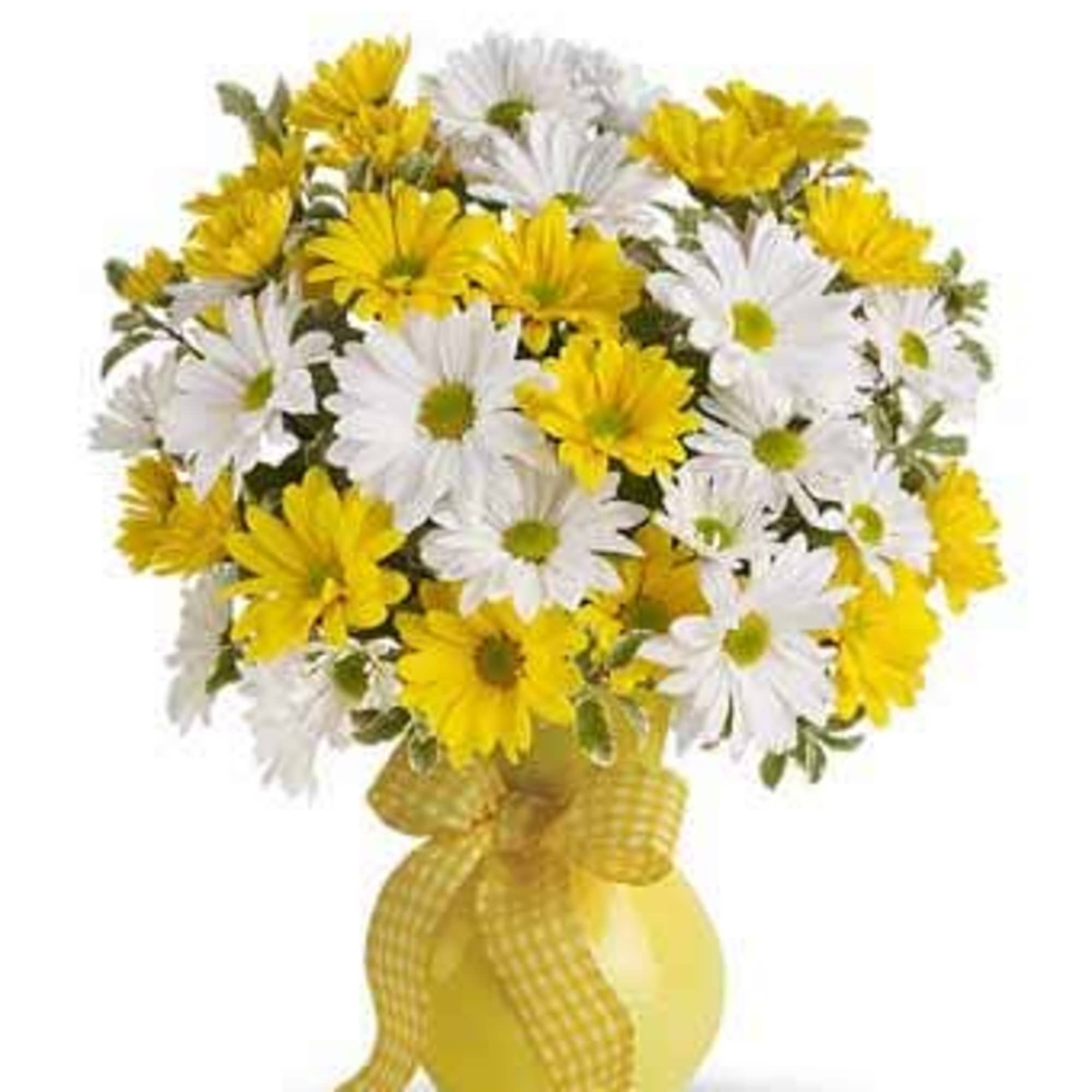 Yellow and white daisy bouquet in a yellow vase with ribbon