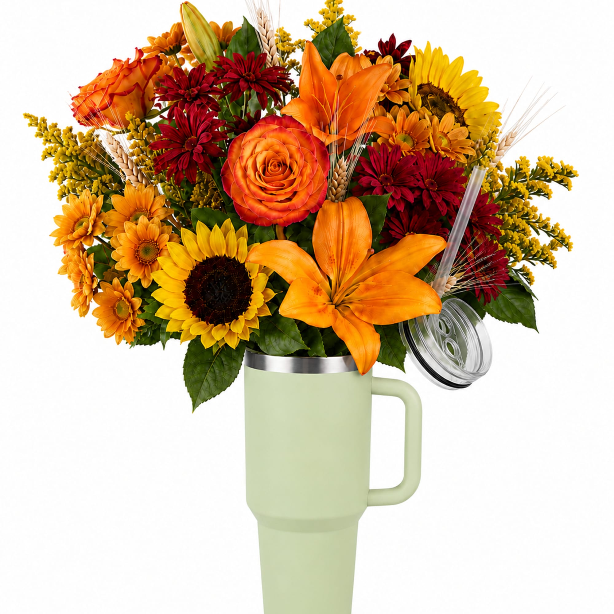 Bouquet of orange, red, and yellow flowers in a handled tumbler vase