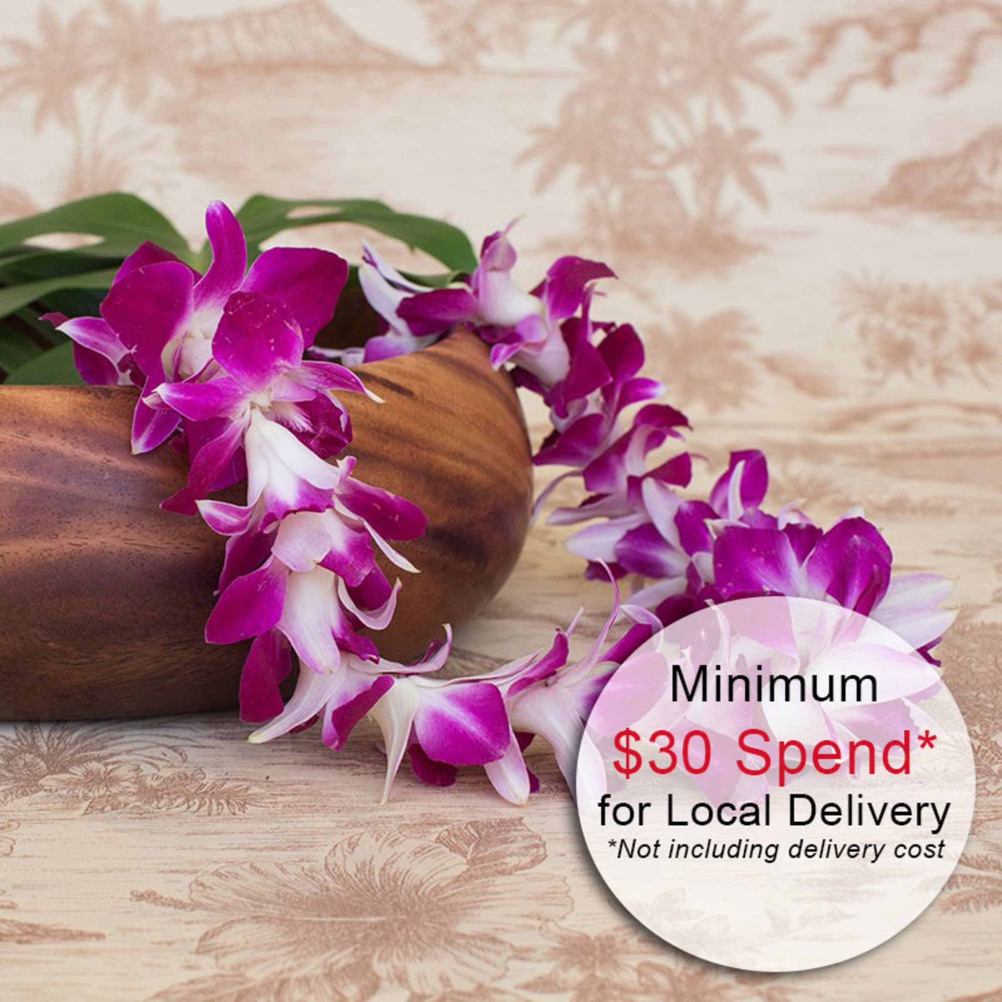 Purple and white orchid lei draped over a wooden bowl on a light patterned surface