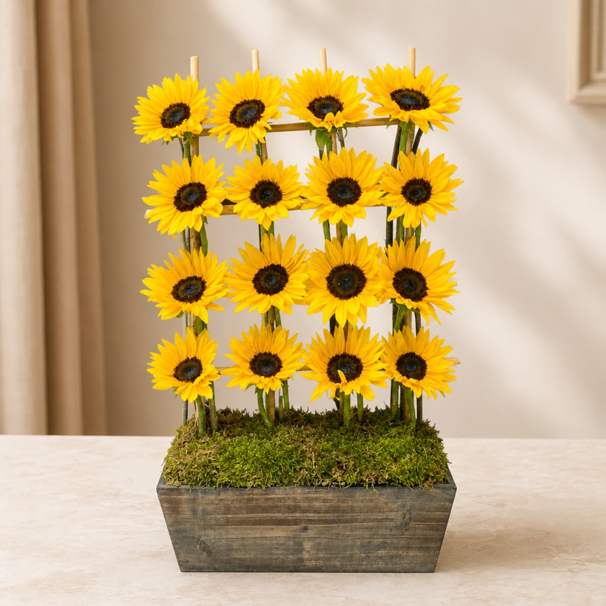 Sunflower arrangement in a rectangular wooden planter