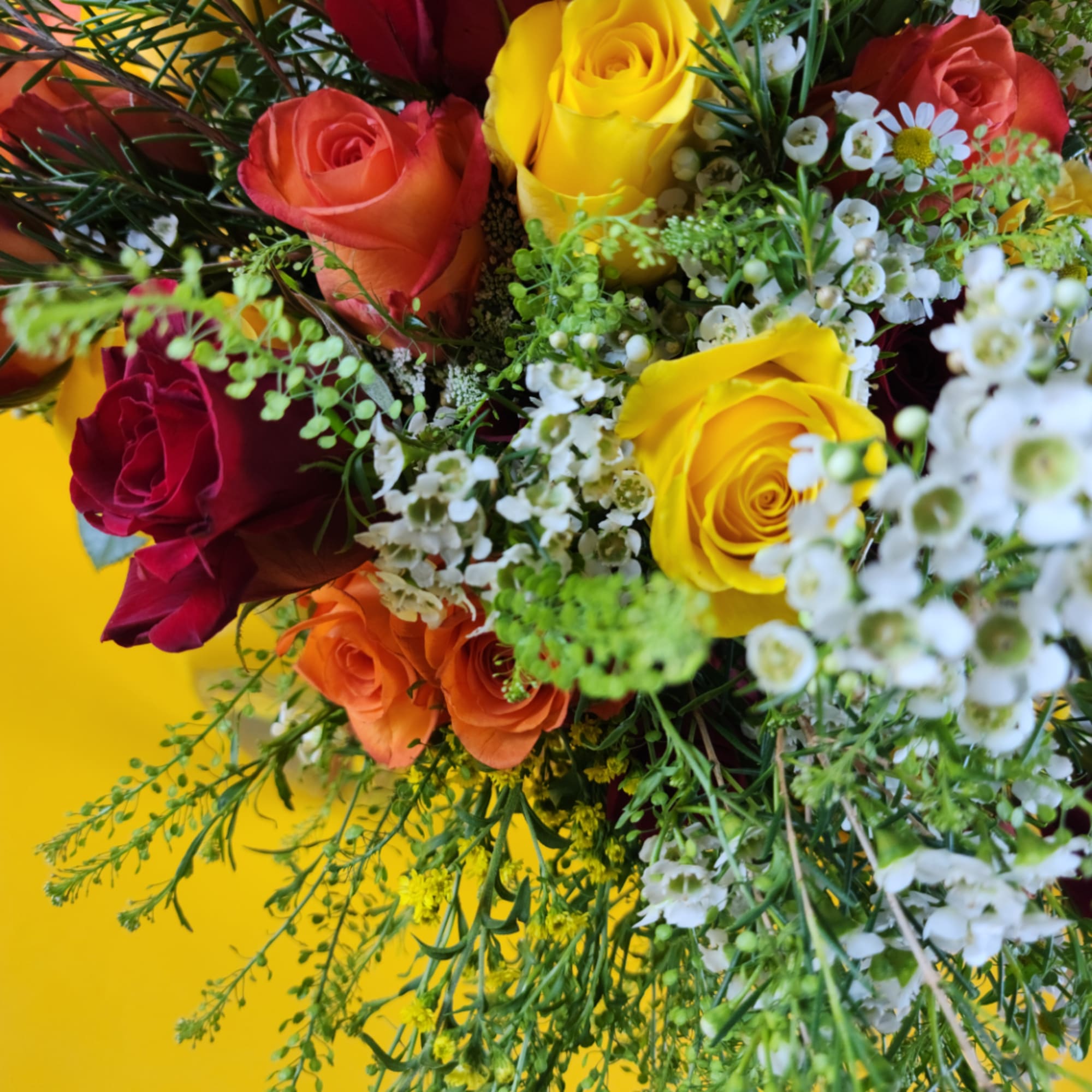 Mixed bouquet of roses with white filler flowers on a yellow background