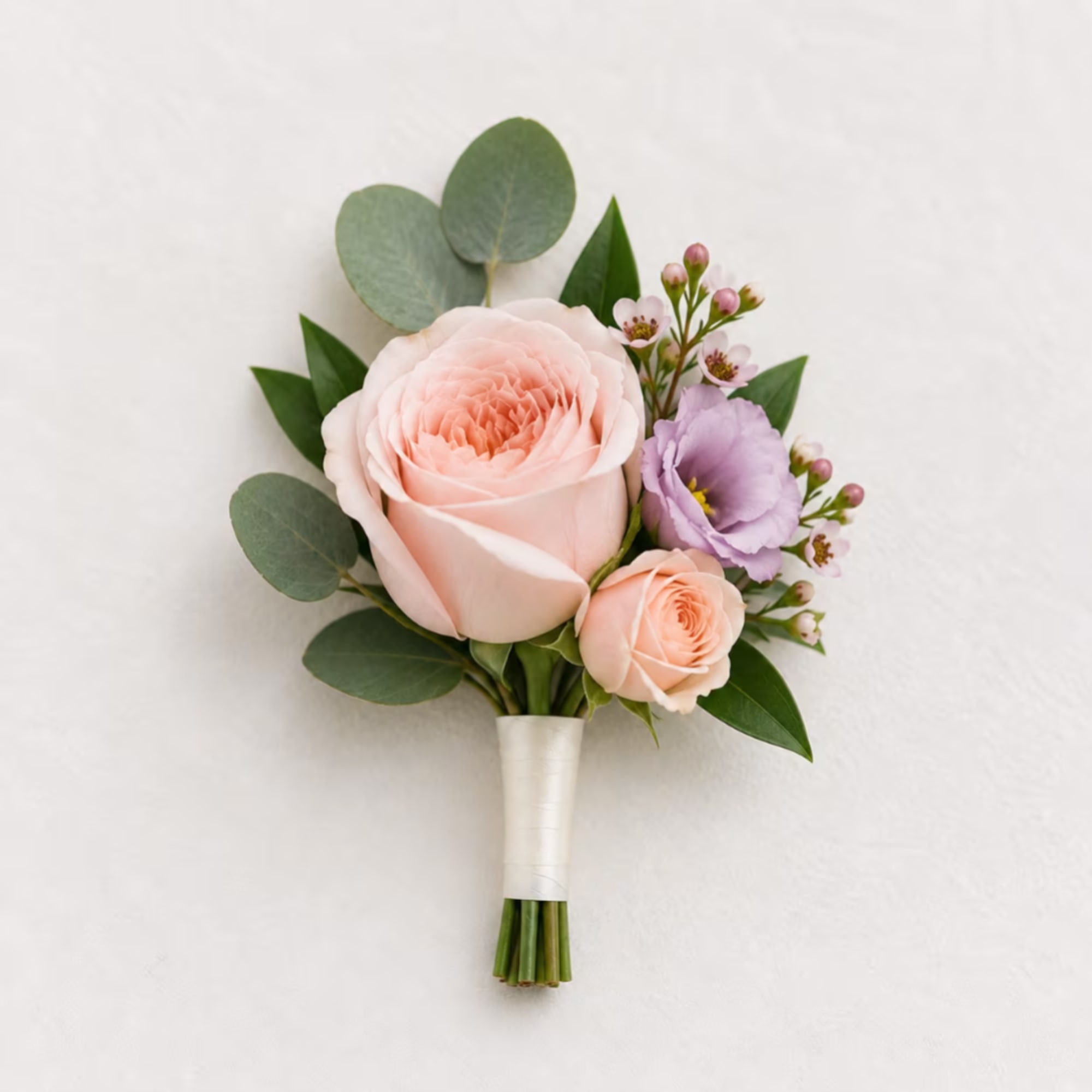 Small bouquet with blush roses, a lavender bloom, and greenery