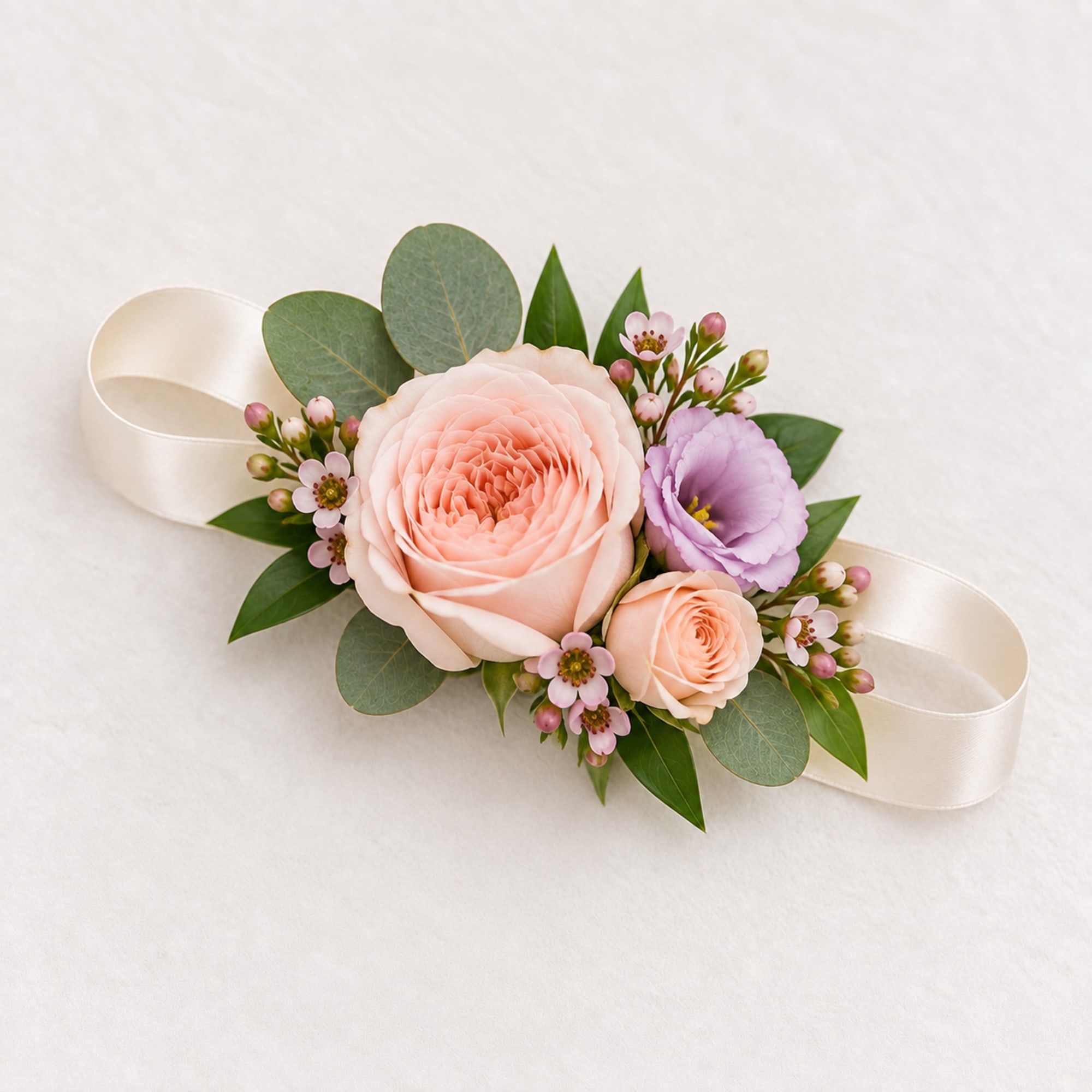 Peach and lavender floral wrist corsage with ribbon