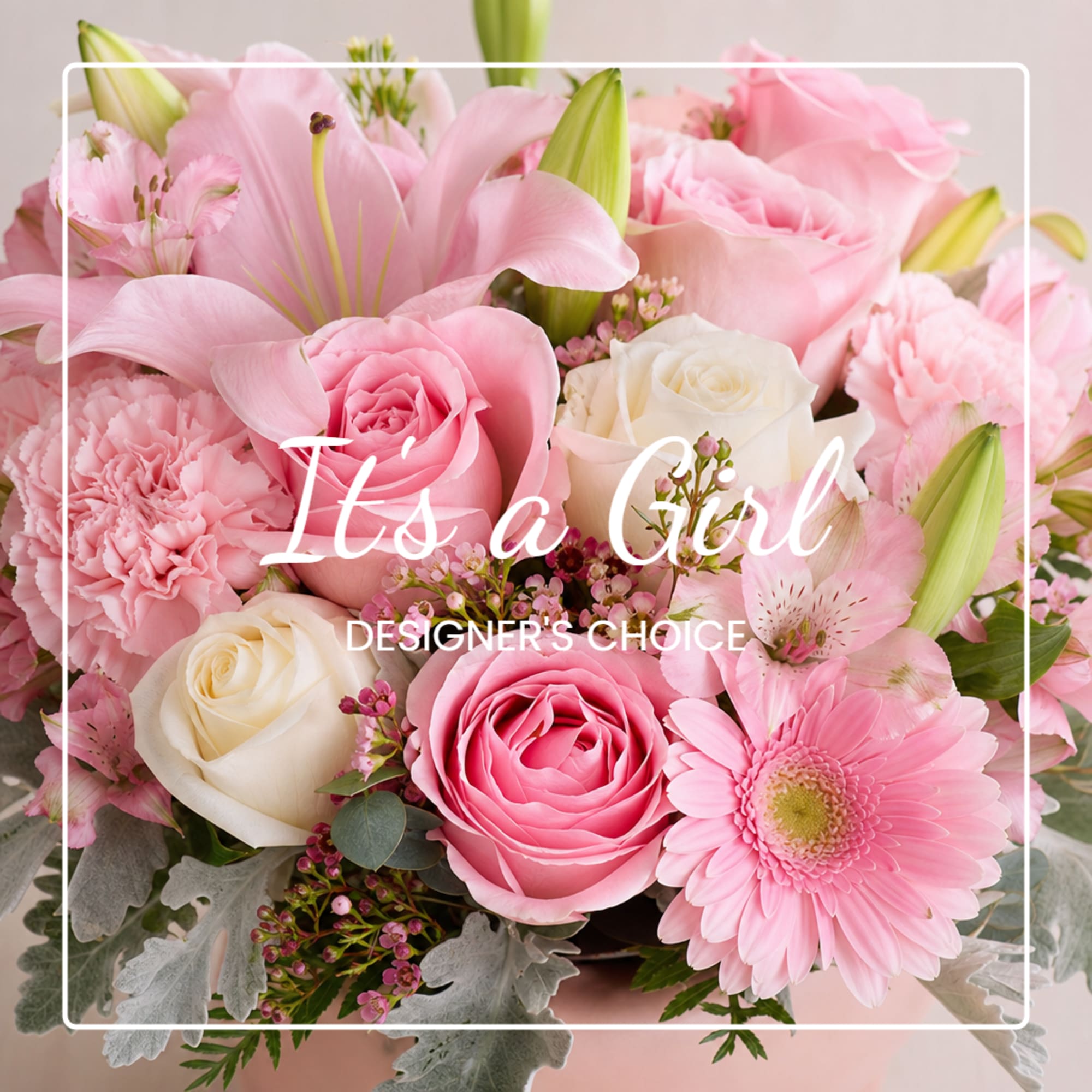 Pink and white floral bouquet with roses, lilies, carnations, and a gerbera daisy