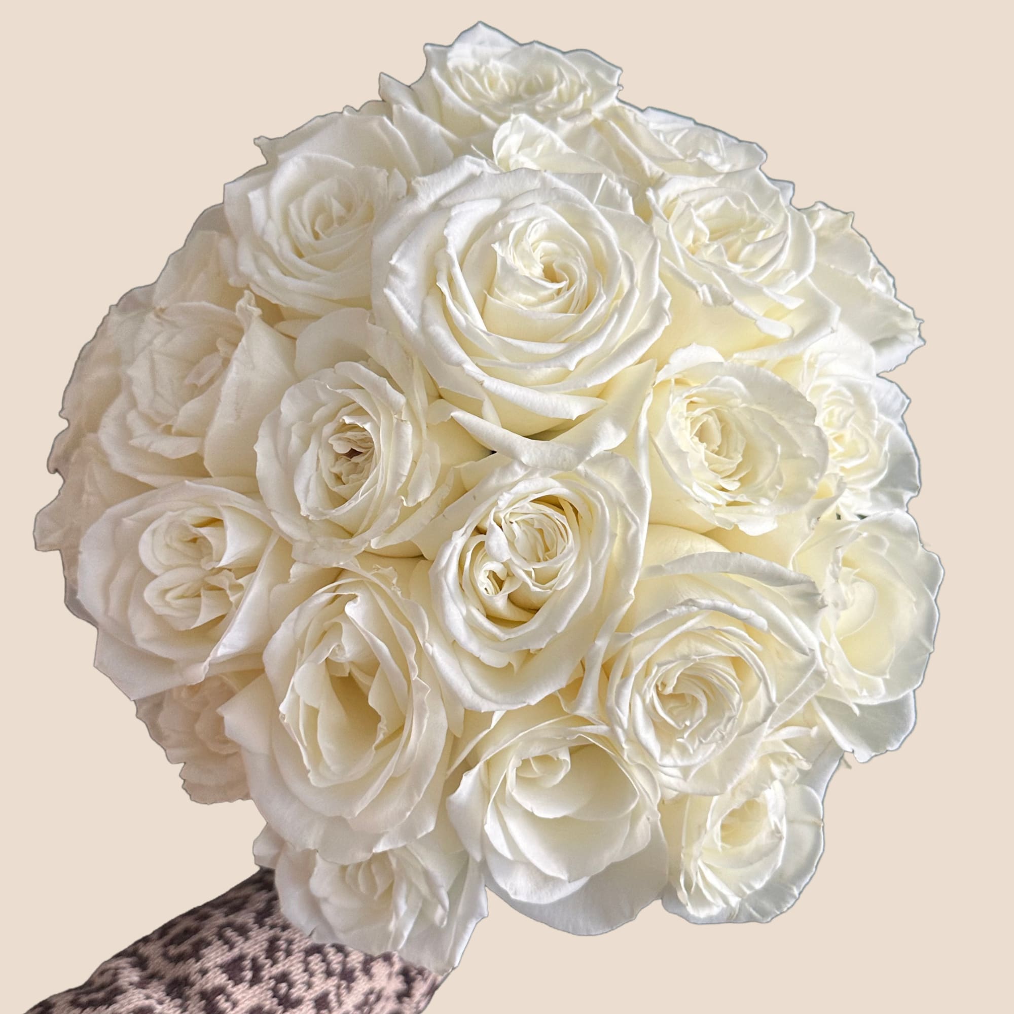 Bouquet of white roses with a patterned handle wrap