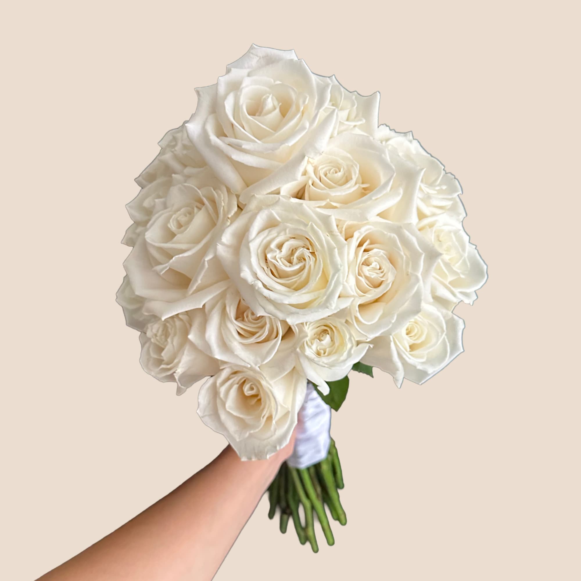 Bouquet of white roses held in one hand