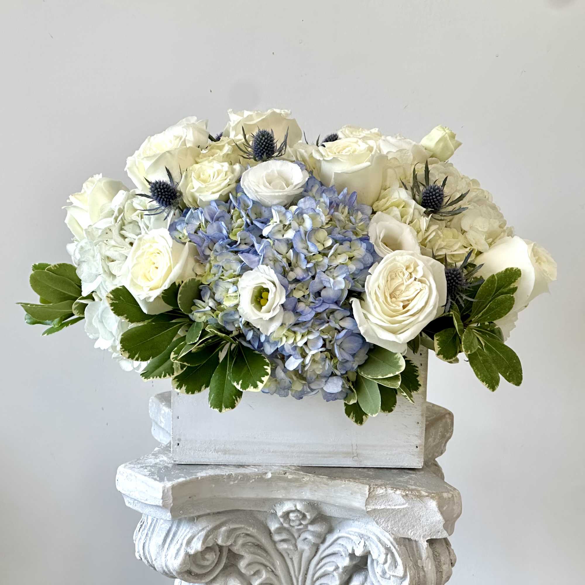 White roses and blue hydrangeas in a white box