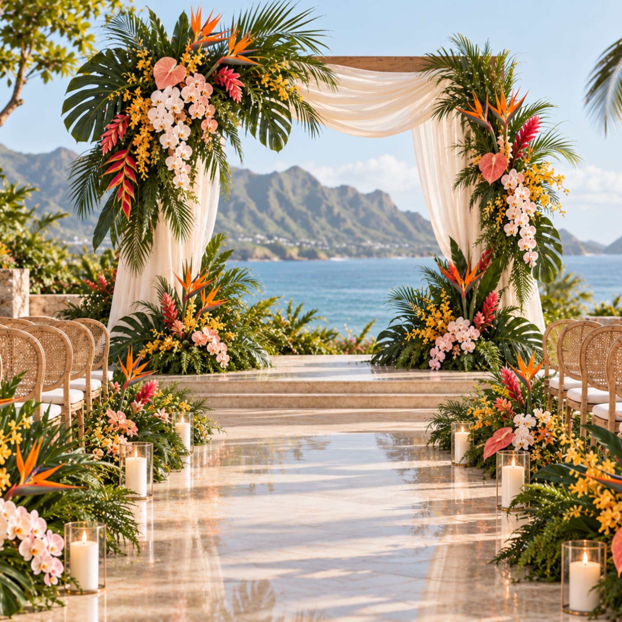 Tropical wedding arch with orchids and bird-of-paradise flowers by the ocean