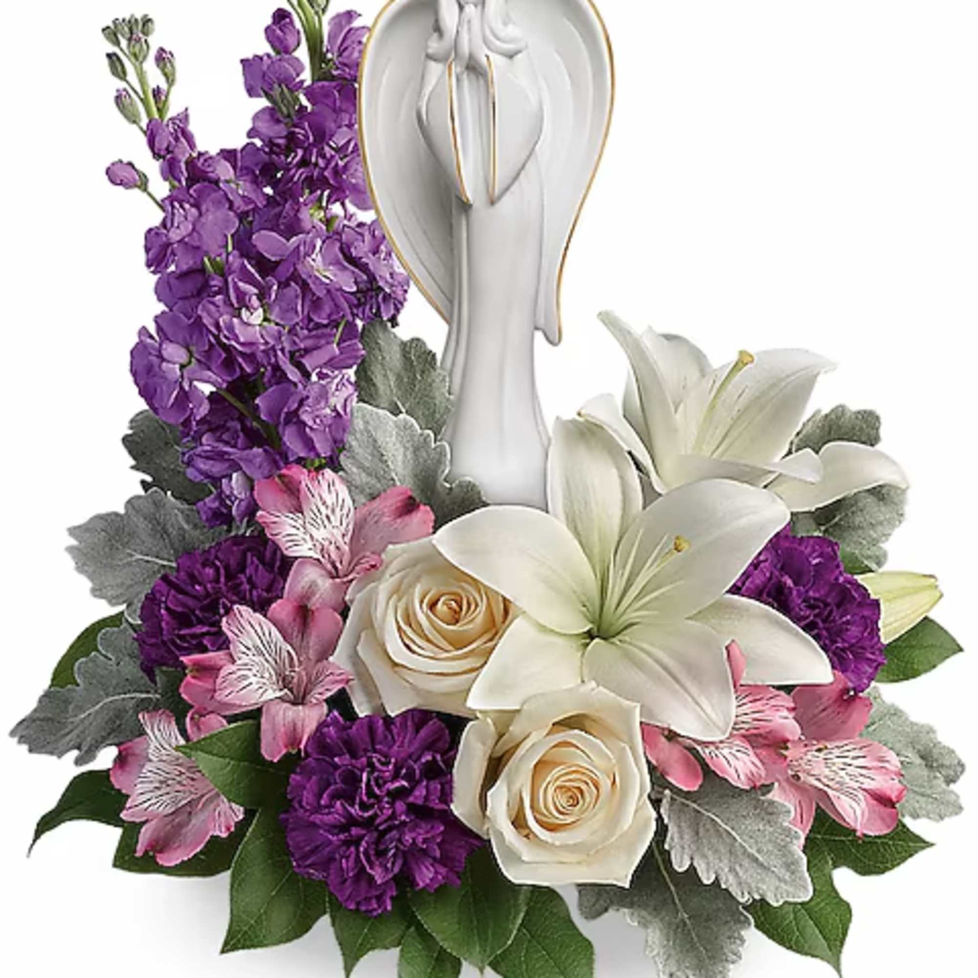 Purple and white floral arrangement with an angel figurine centerpiece
