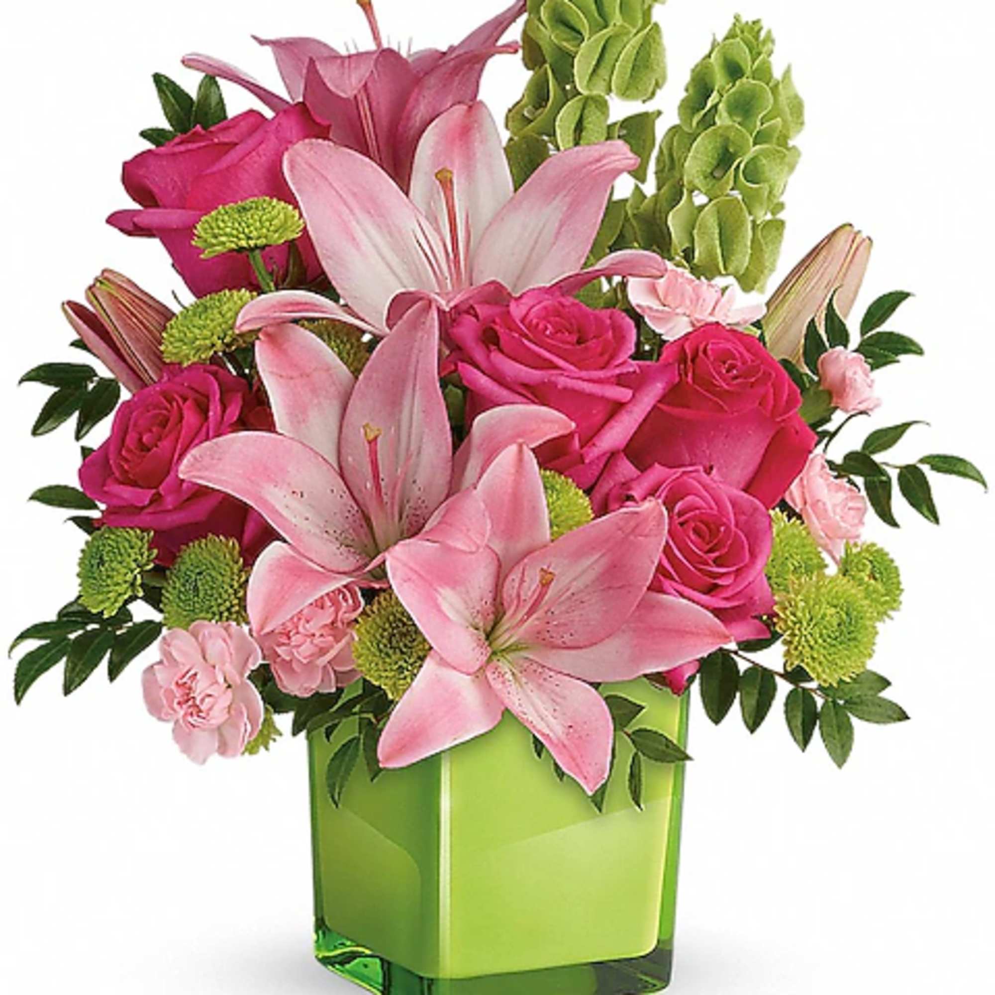 Pink lilies and roses in a green square vase