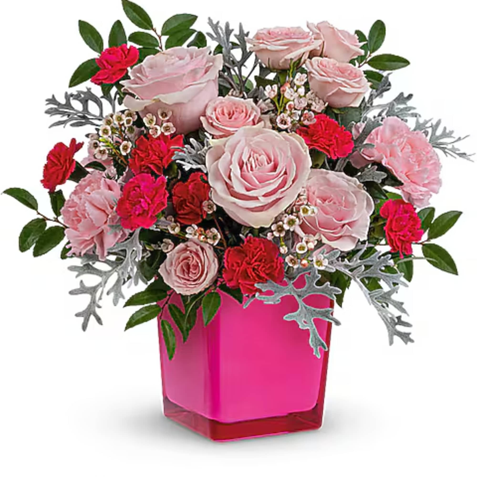 Pink roses and red carnations in a bright pink vase