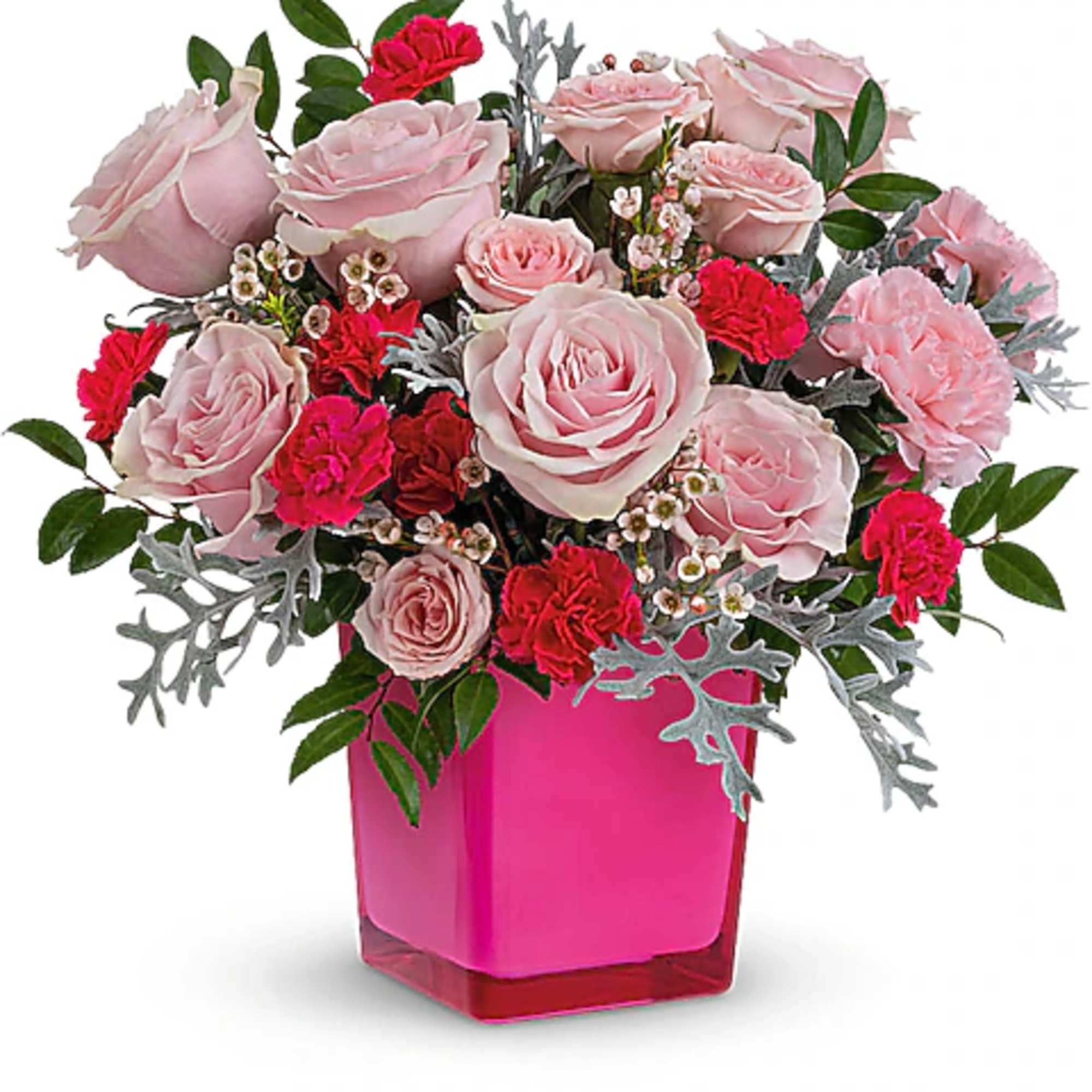 Pink roses and red carnations in a bright pink vase