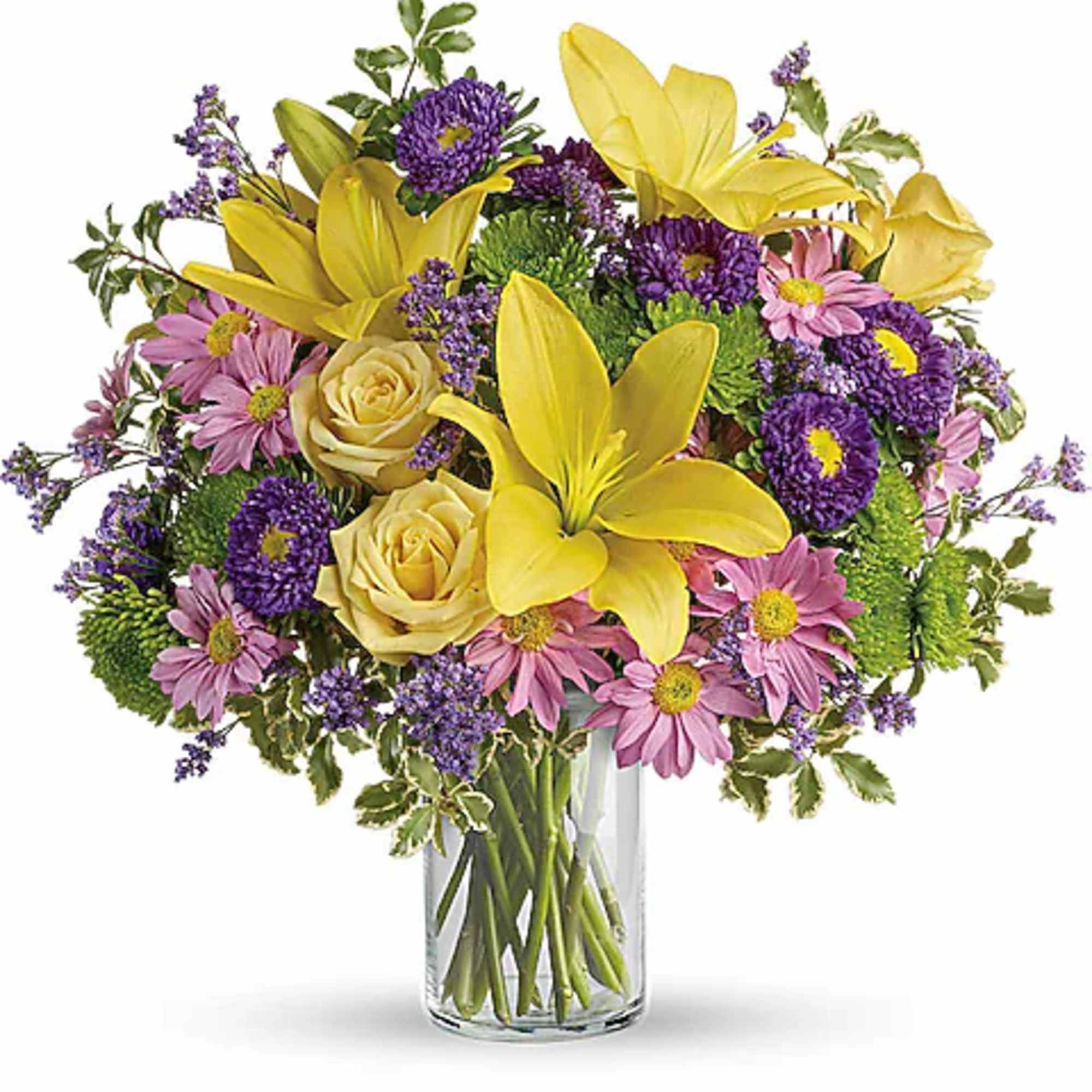 Yellow lilies and purple daisies in a clear glass vase