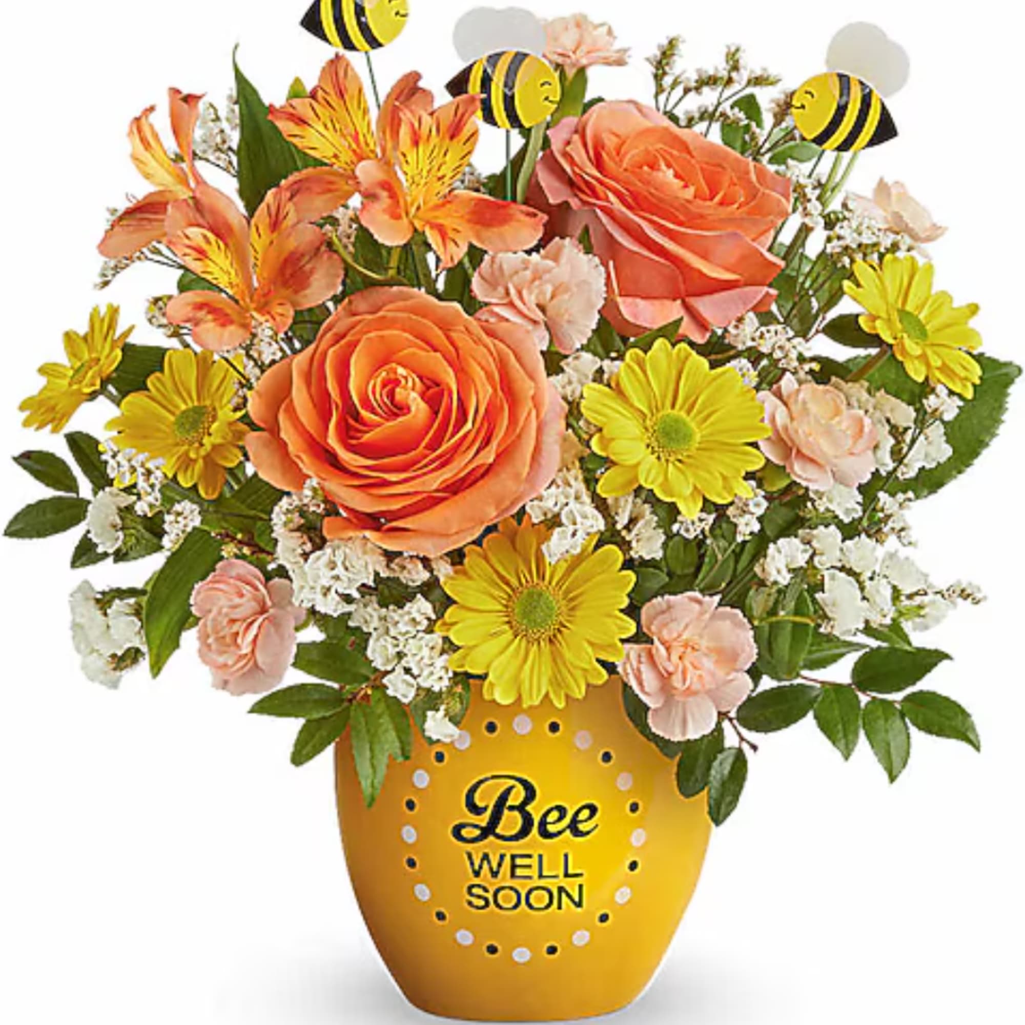 Bouquet of orange and yellow flowers in a bee-themed vase